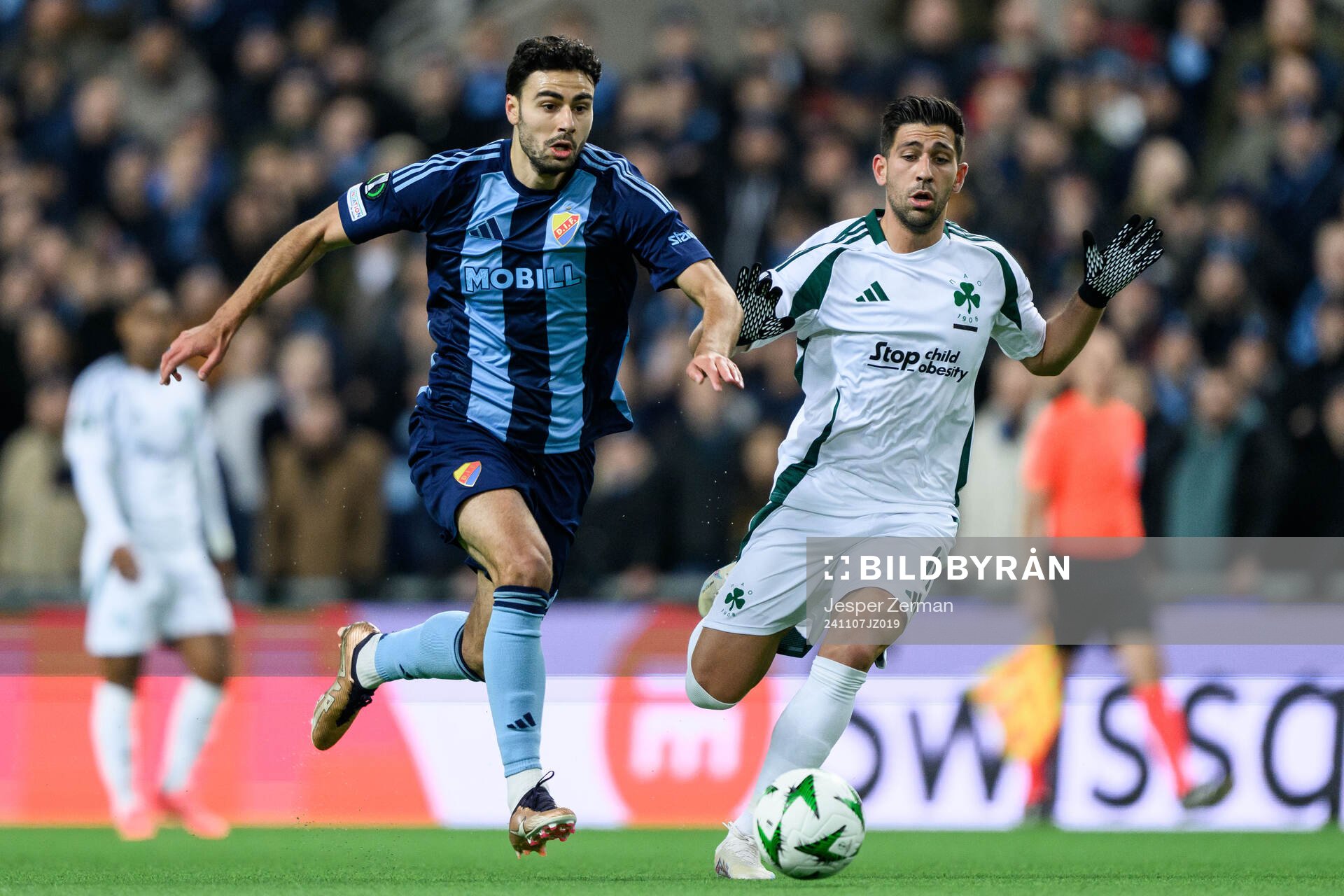 Deniz Hummet of Djurgården and Tasos Bakasetas of Panathinaikos during the UEFA Conference League match between Djurgården and Panathinaikos on November 7, 2024 in Stockholm.