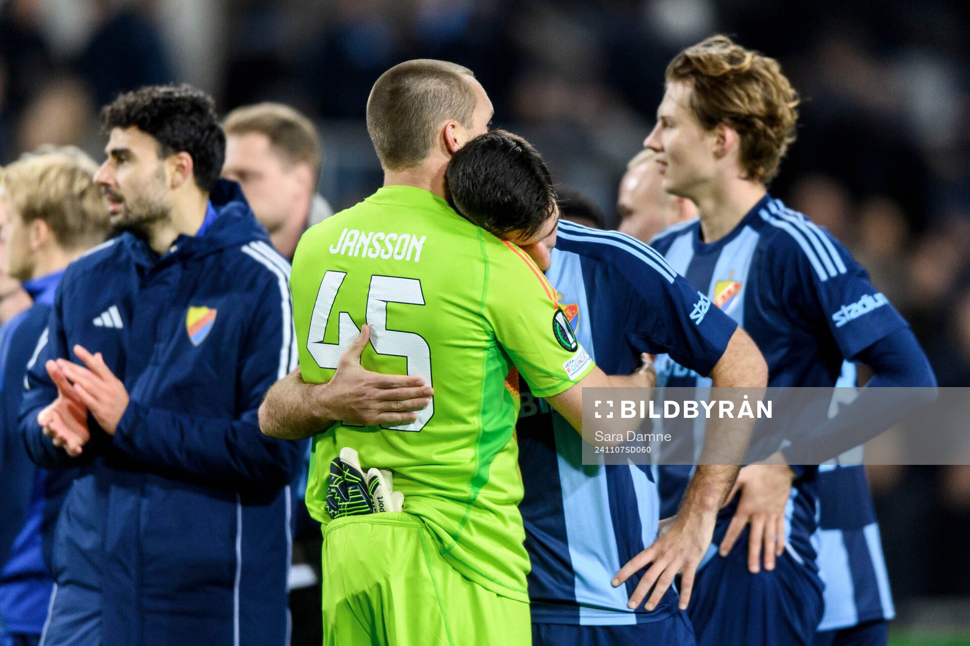 Goalkeeper Oscar Jansson and Besard Sabovic celebrate