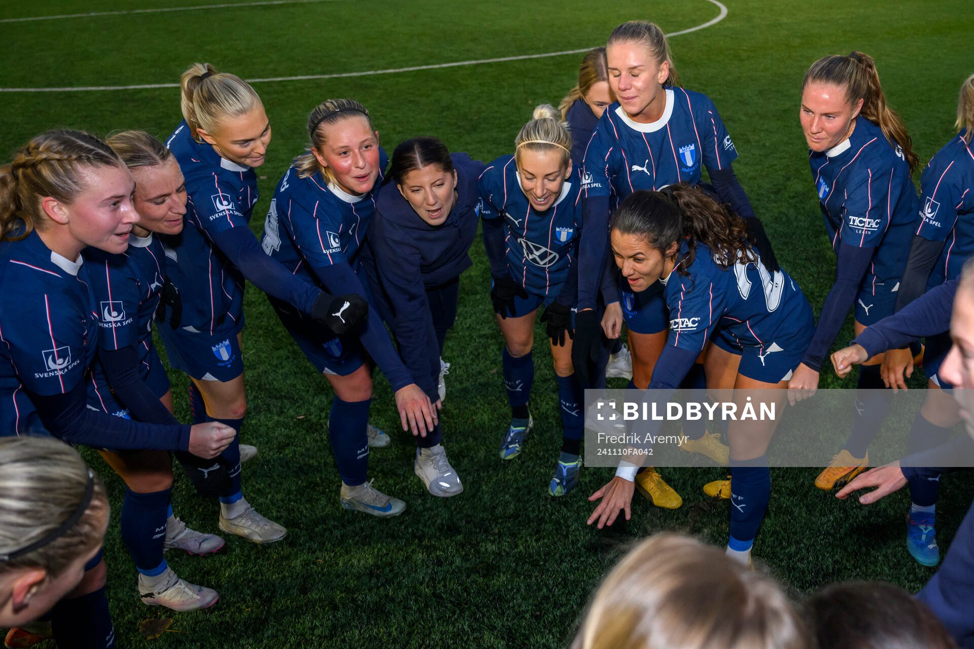 Malmö FFs spelare jublar tillsammans efter seger och seriesegern efter fotbollsmatchen i Elitettan mellan Alingsås och Malmö FF den 10 november 2024 i Alingsås.