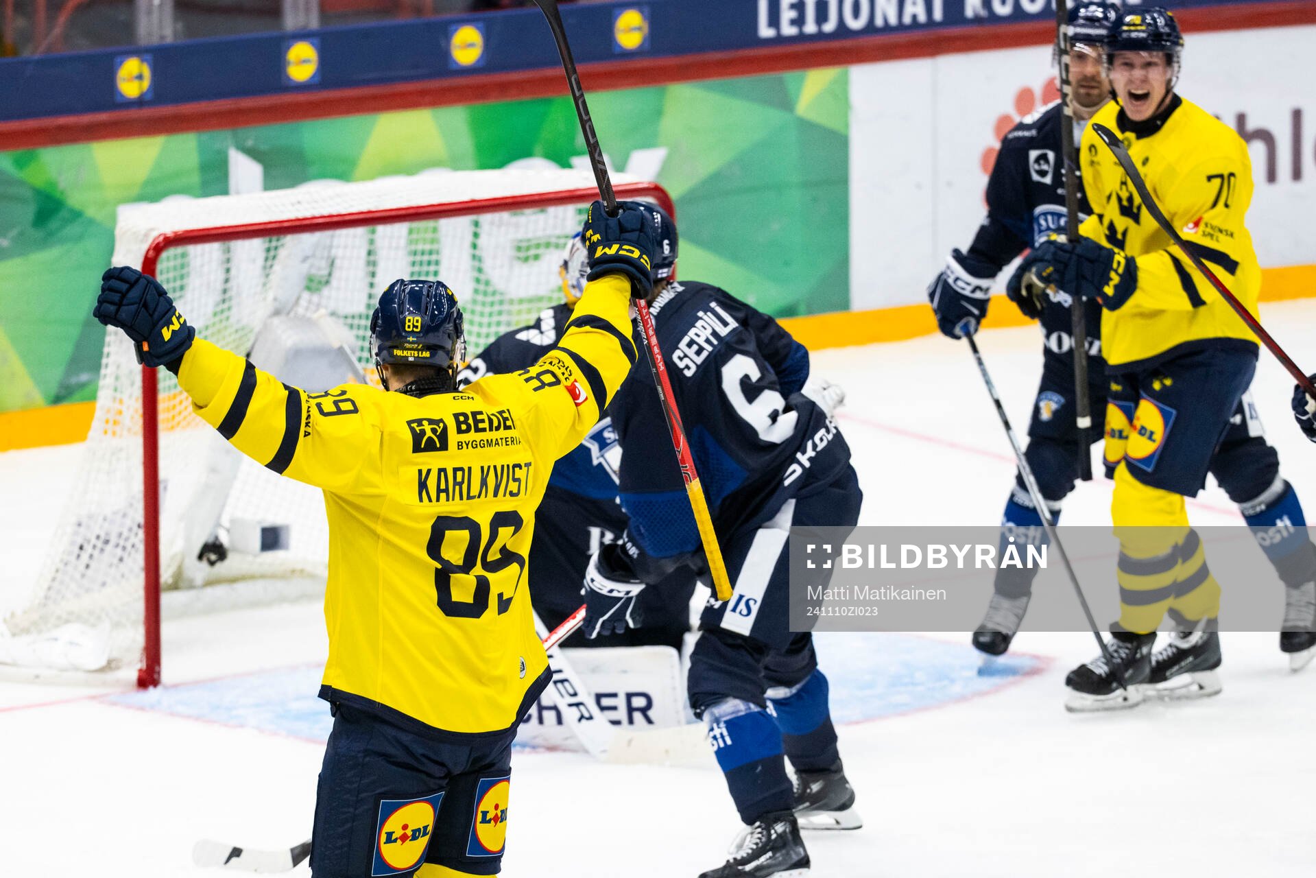 Patrik Karlkvist of Sweden celebrates scoring 4-4