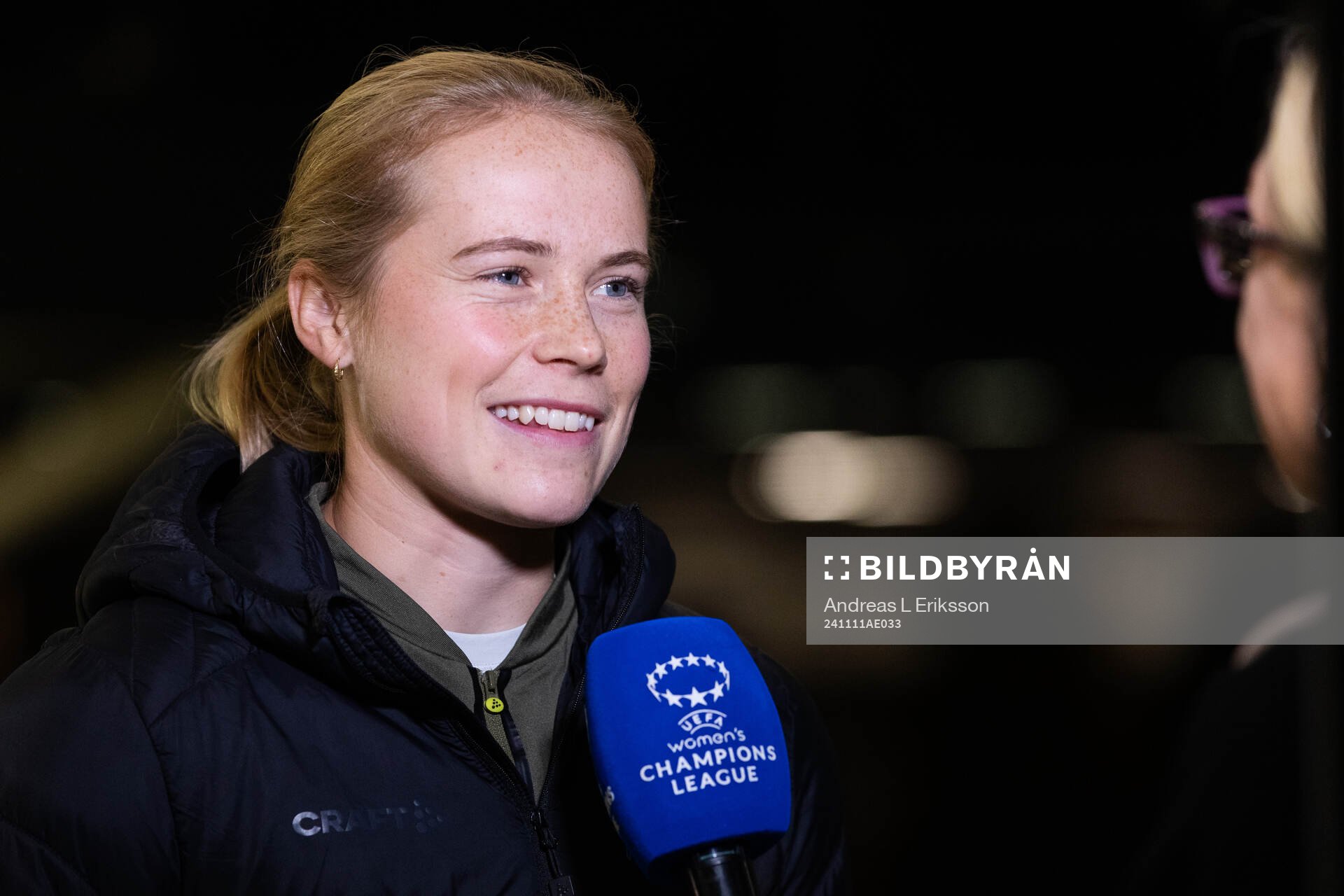 Julie Blakstad of Hammarby talking to media