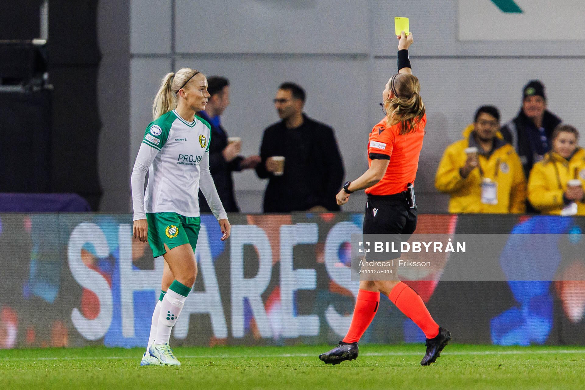 Stina Lennartsson of Hammarby is shown a yellow card