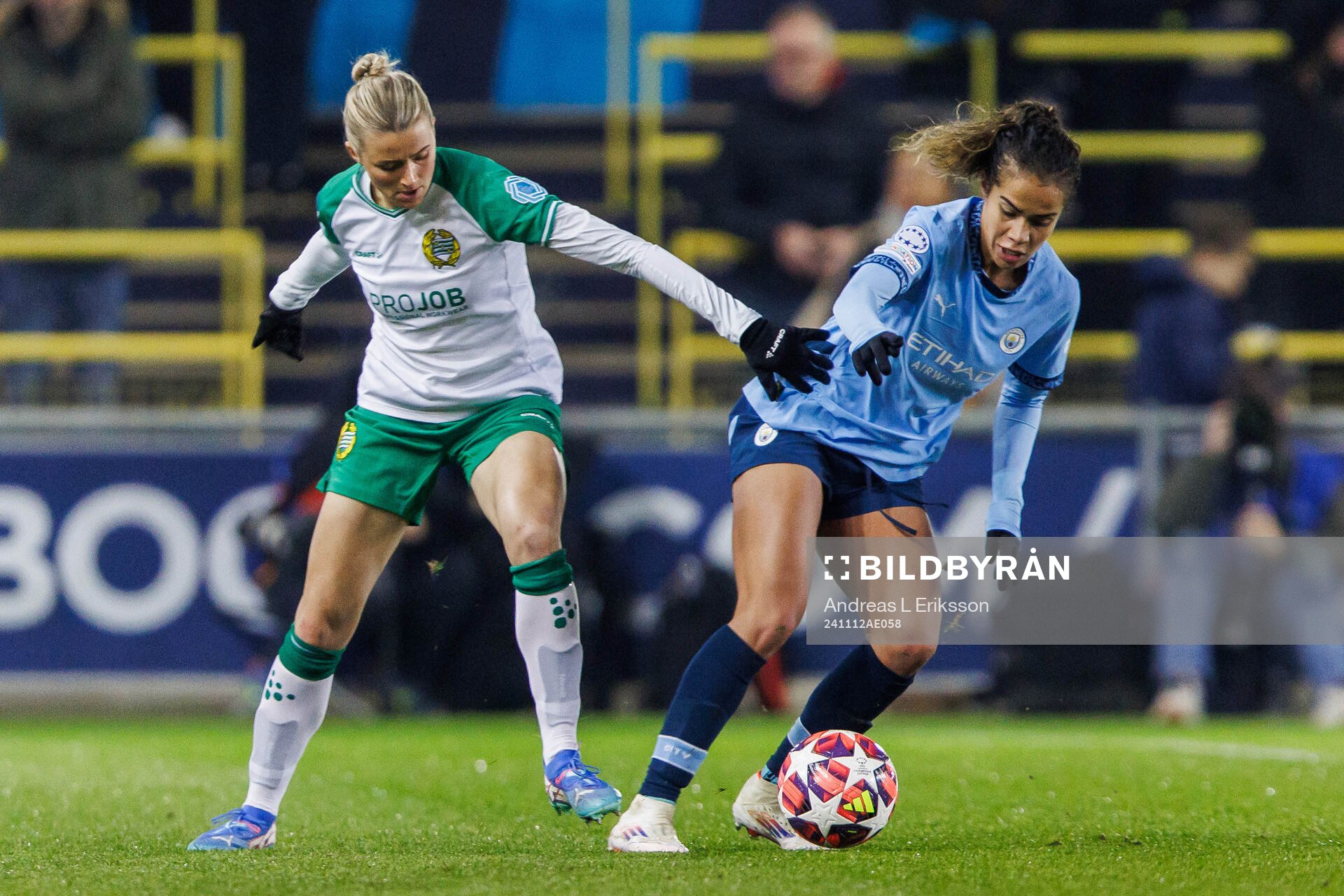 Thea Sørbo of Hammarby and Mary Fowler of Manchester City during the UEFA Women's Champions League football match between Manchester City and Hammarby on November 12, 2024 in Manchester.
