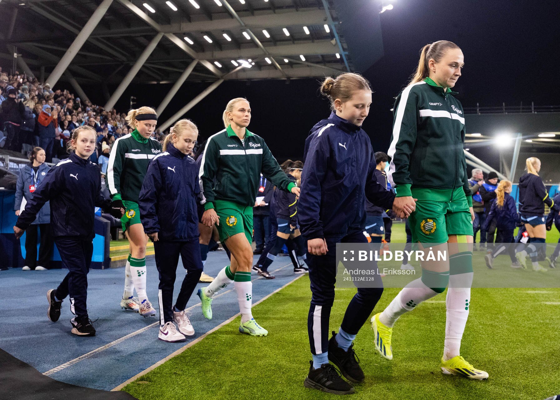Julie Blakstad, Jonna Andersson and Vilde Hasund of Hammarby during the Women's Champions League football match between Manchester City and Hammarby on November 12, 2024 in Manchester.