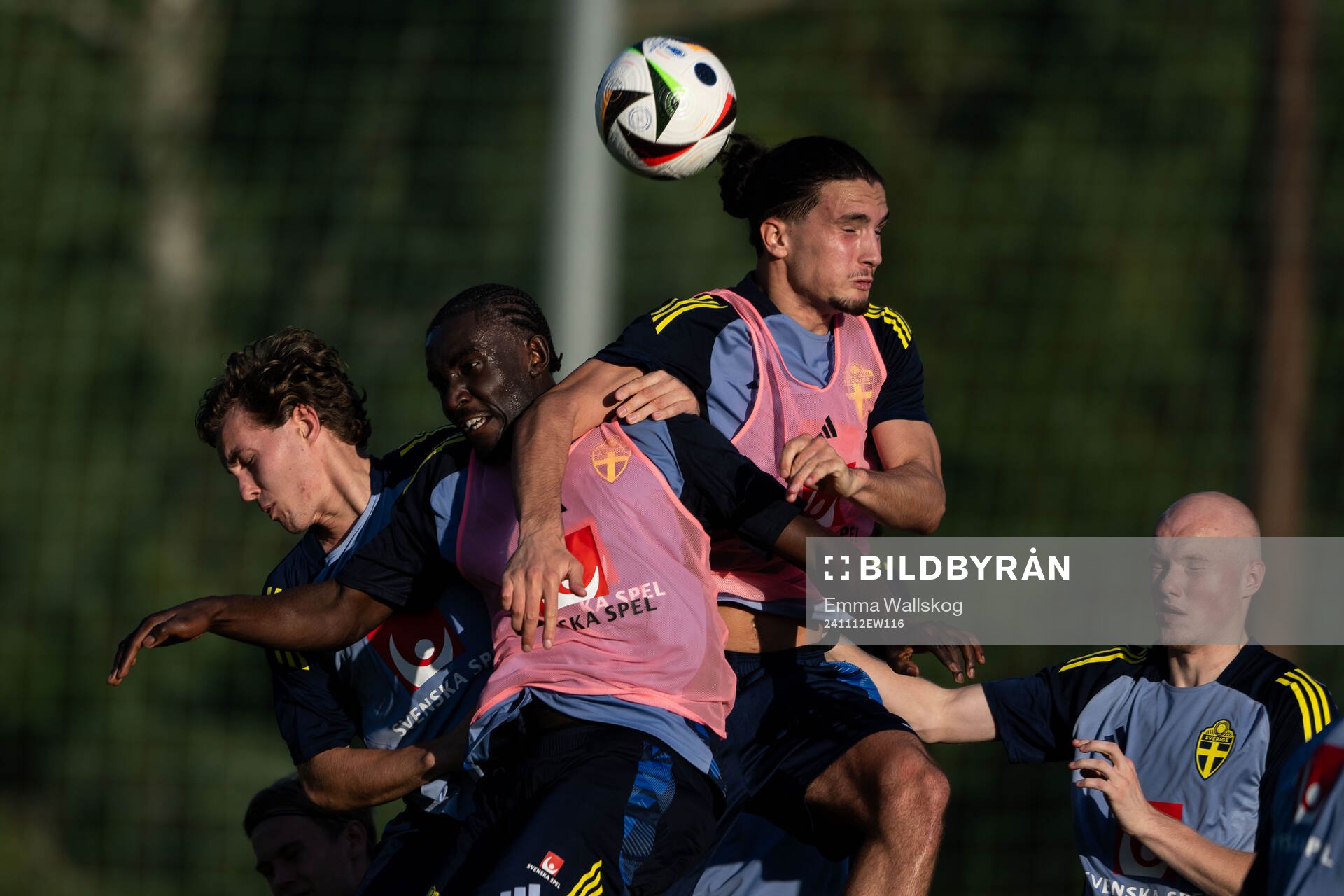 Hampus Skoglund, Peter Amoran and Demirel Hodzic during a training session with the Swedish under-21 national football team on November 12, 2024 in Marbella.