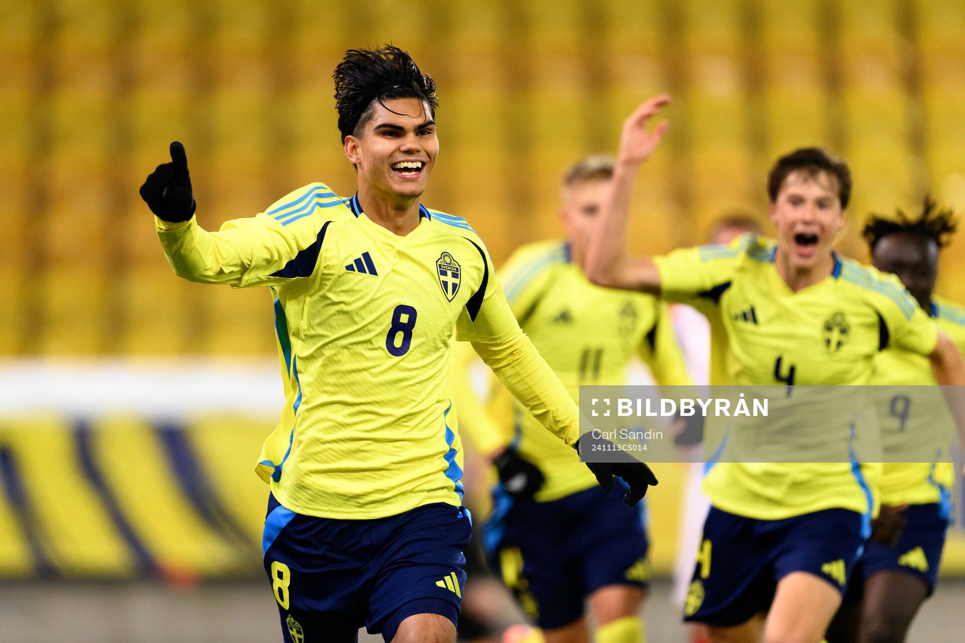 Noel Sernelius of Sweden celebrates after 0-1 during the under-19 Euro Qualifier football match between Georgia and Sweden on November 13, 2024 in Borås.
