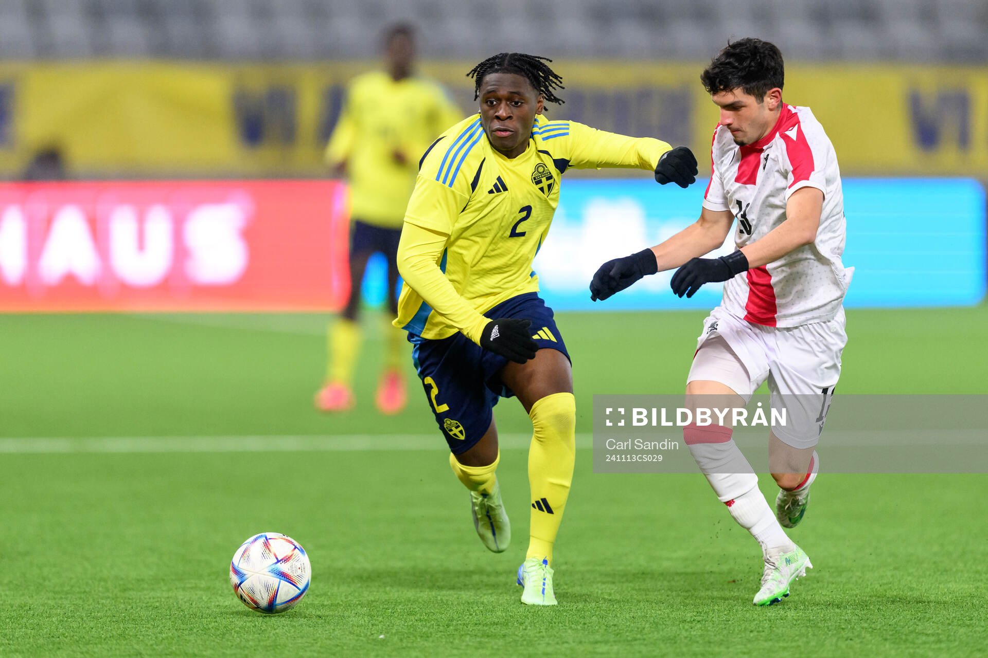 William Rashidi of Sweden and Luka Tsulaia of Georgia during the under-19 Euro Qualifier football match between Georgia and Sweden on November 13, 2024 in Borås. 
