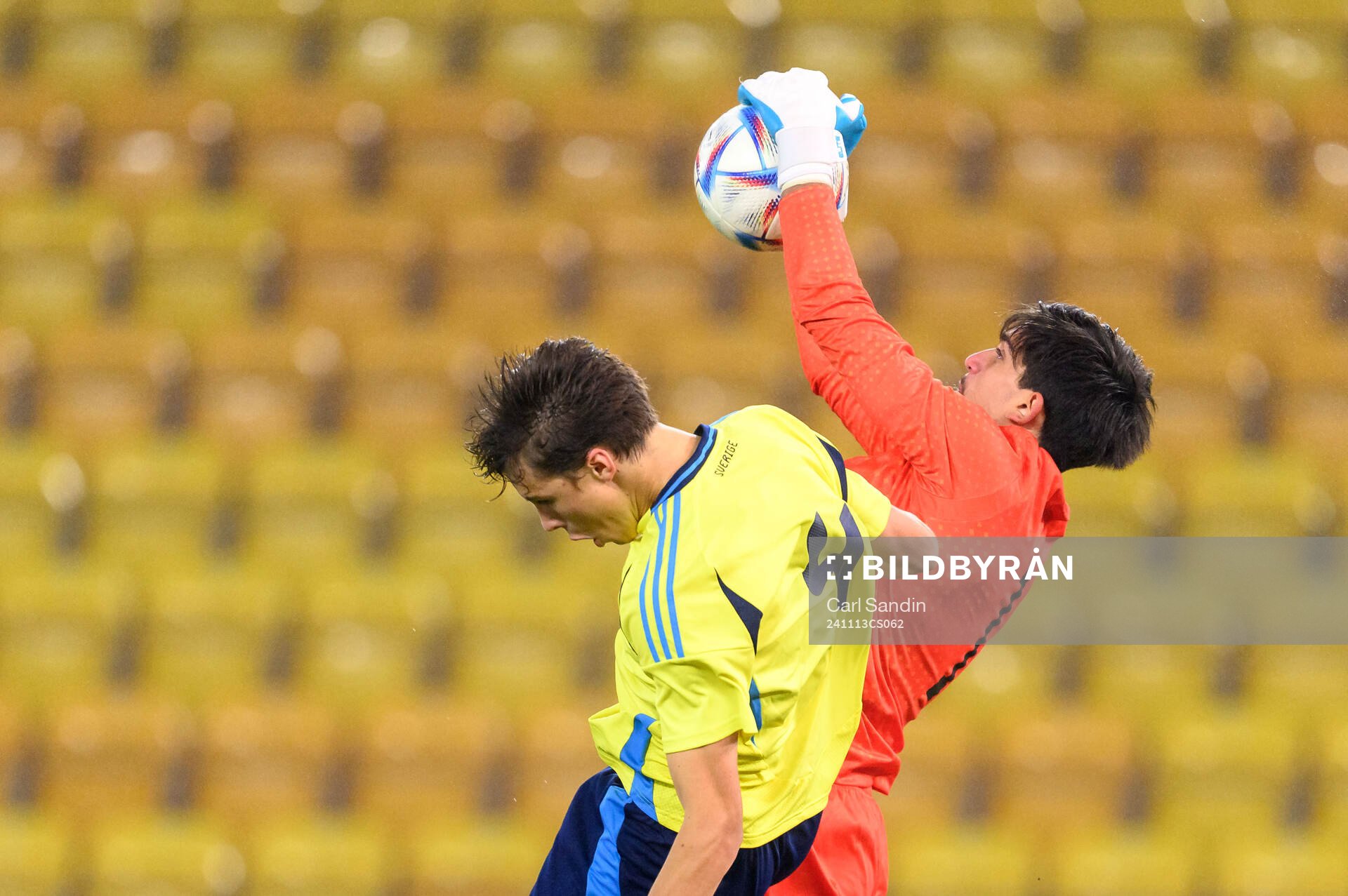 John Mellberg of Sweden and Goalkeeper Mate Sauri of Georgia