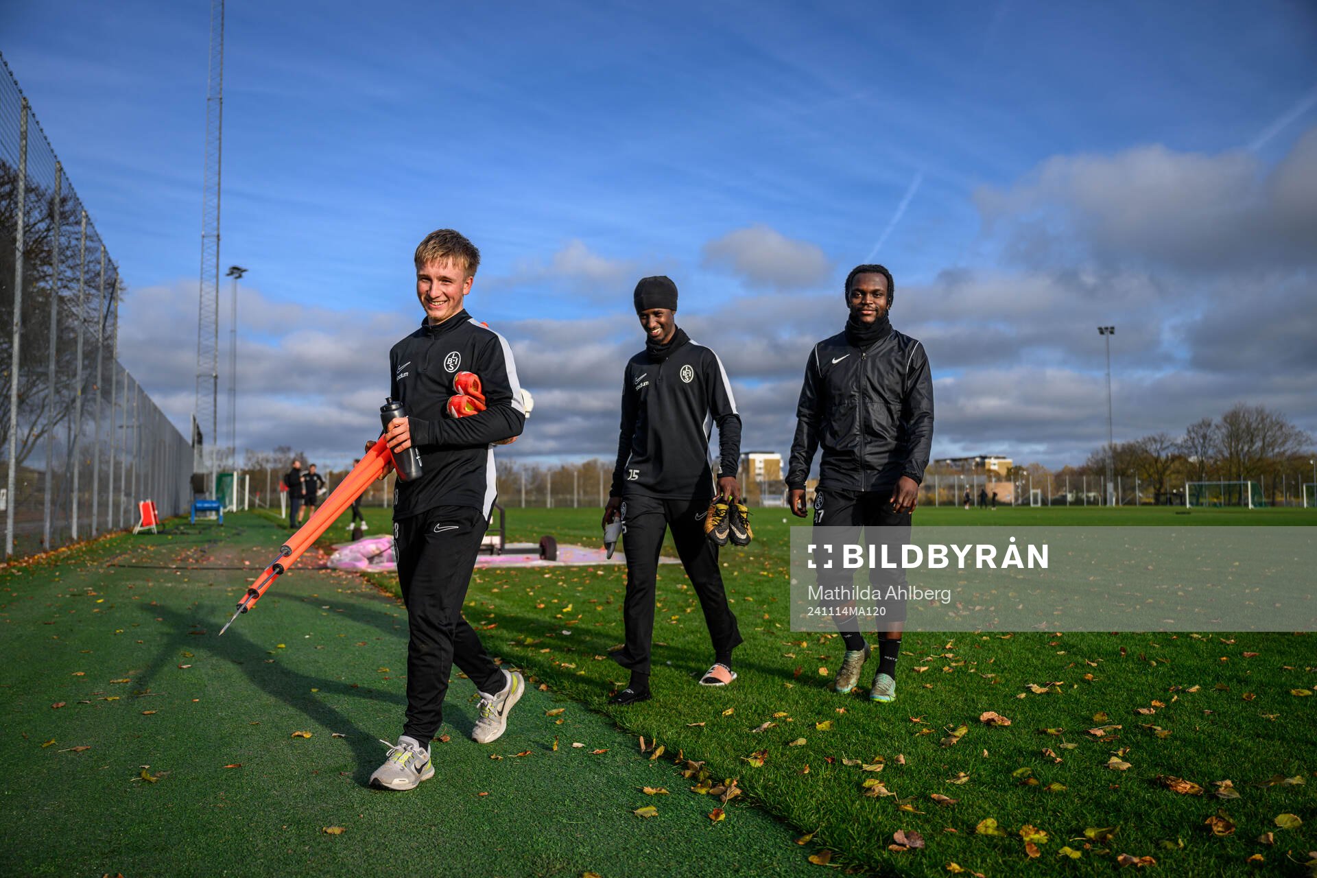 Constantino Capotondi, Max'Med Omar Mohamed och Kofi Asare under en träning med Landskrona den 14 november 2024 i Landskrona. 