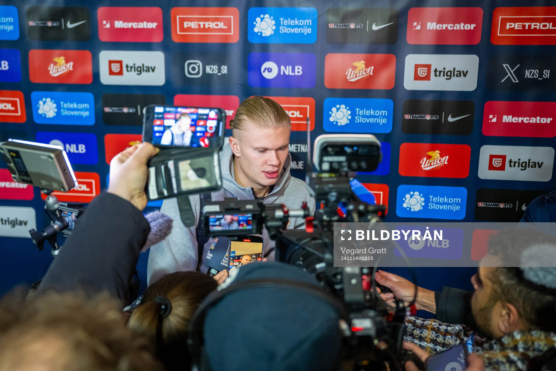 Erling Braut Haaland of Norway talks to media