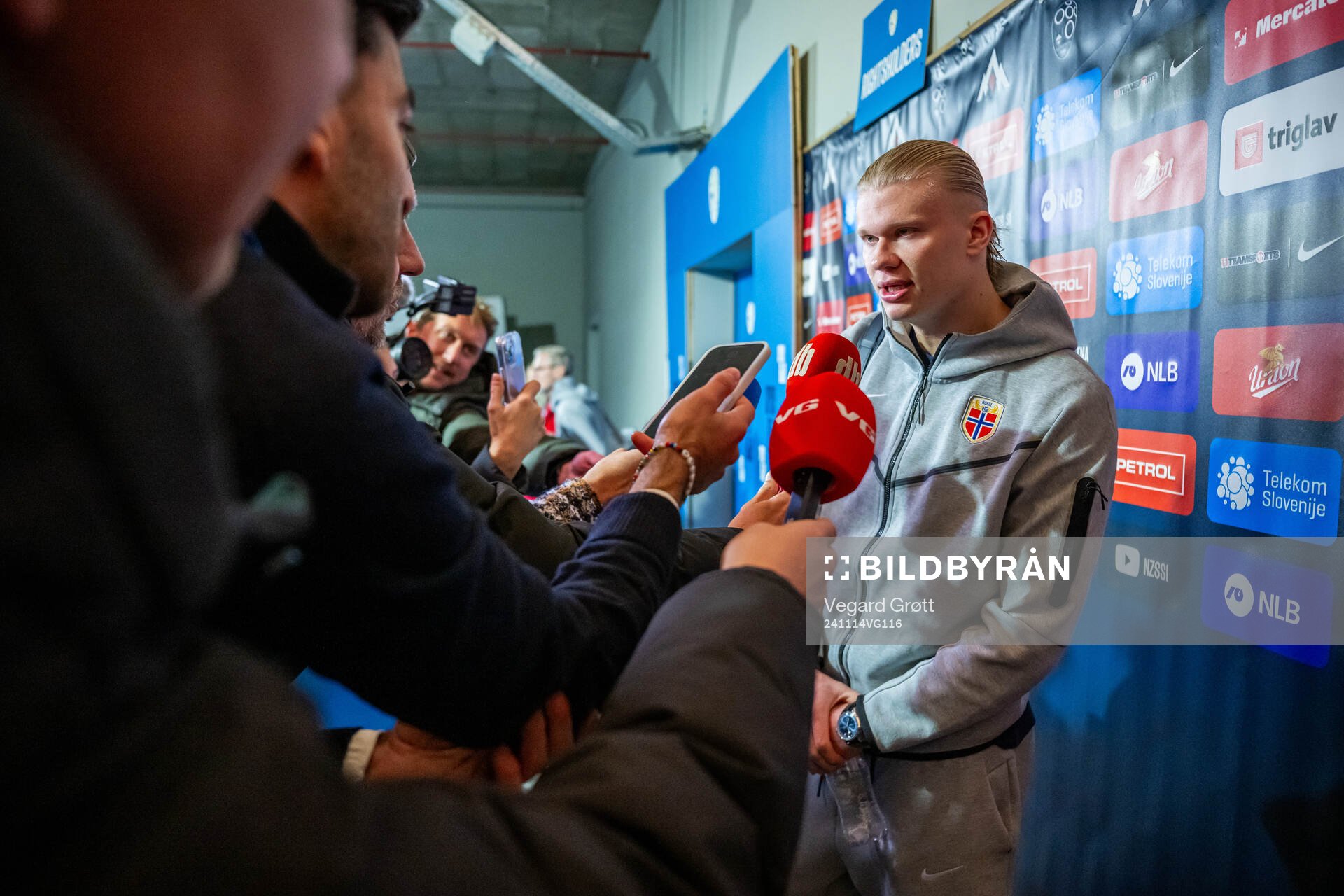 Erling Braut Haaland of Norway talks to media