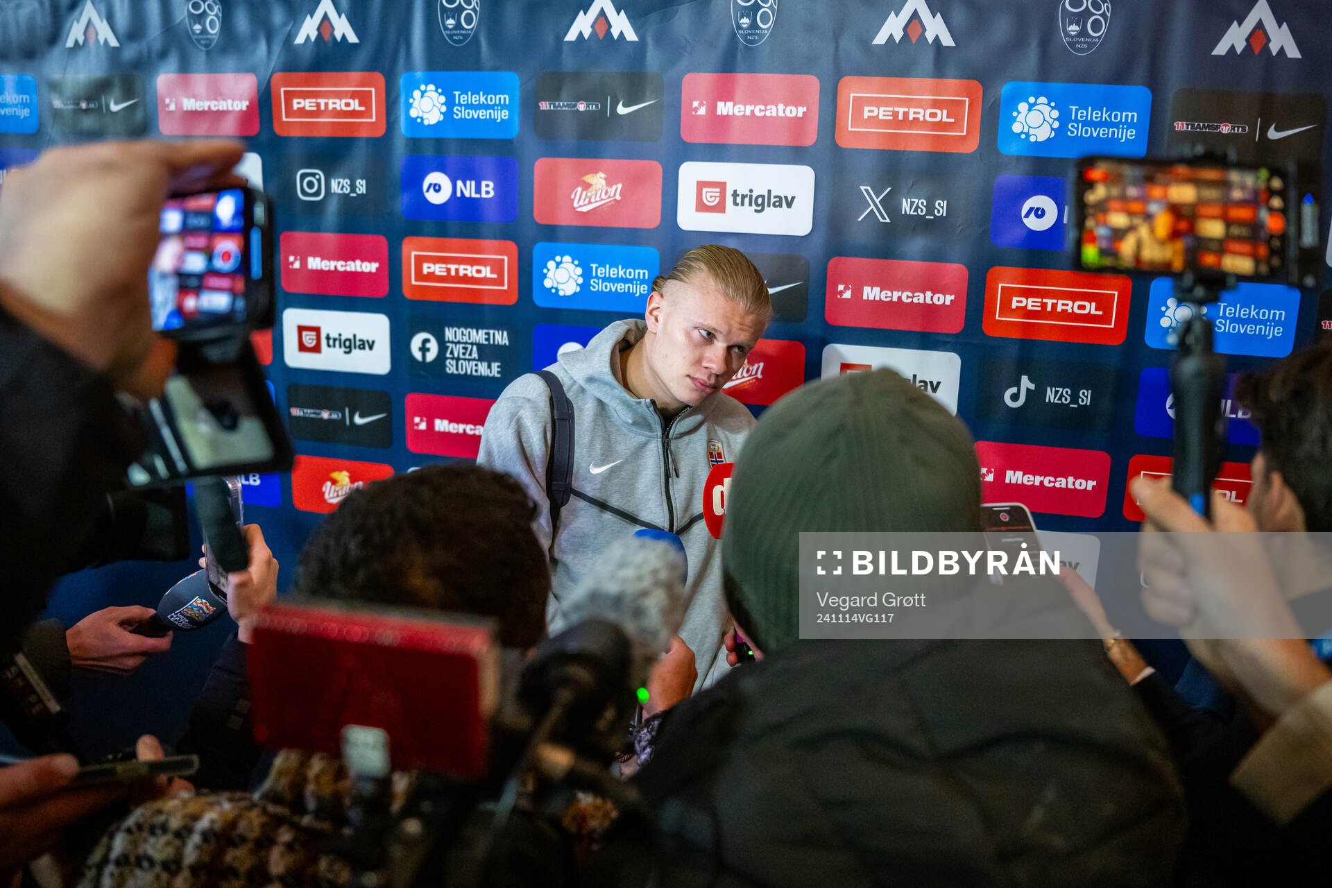 Erling Braut Haaland of Norway talks to media