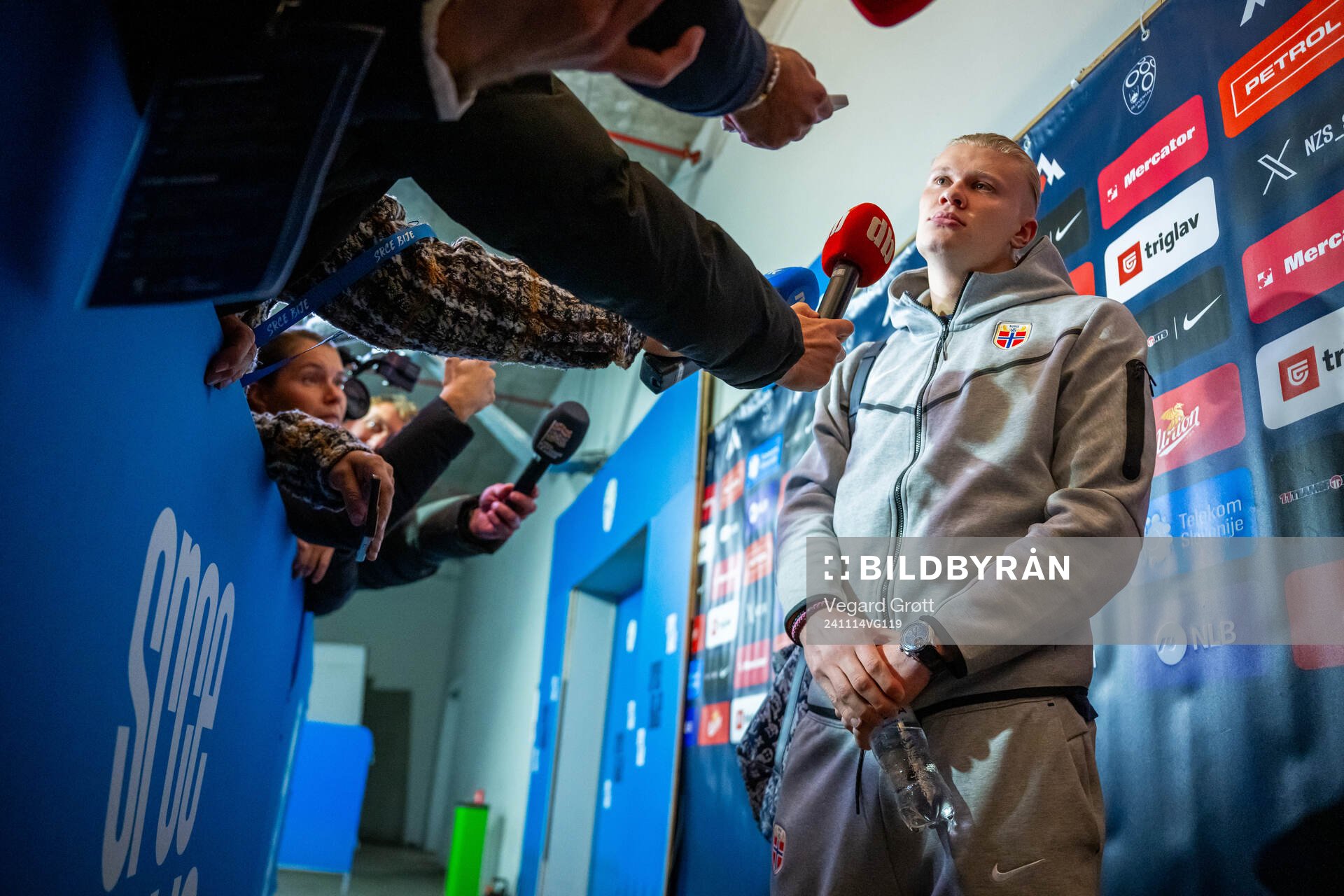 Erling Braut Haaland of Norway talks to media