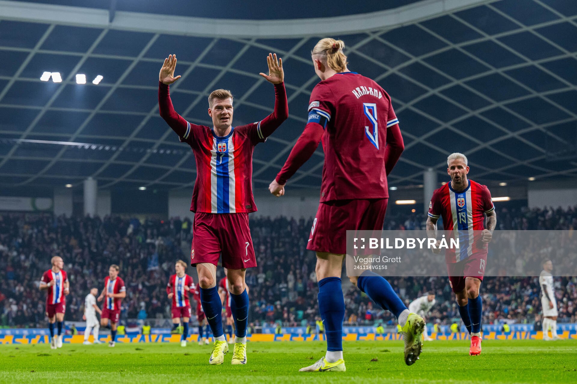 Erling Braut Haaland of Norway celebrates with teammates