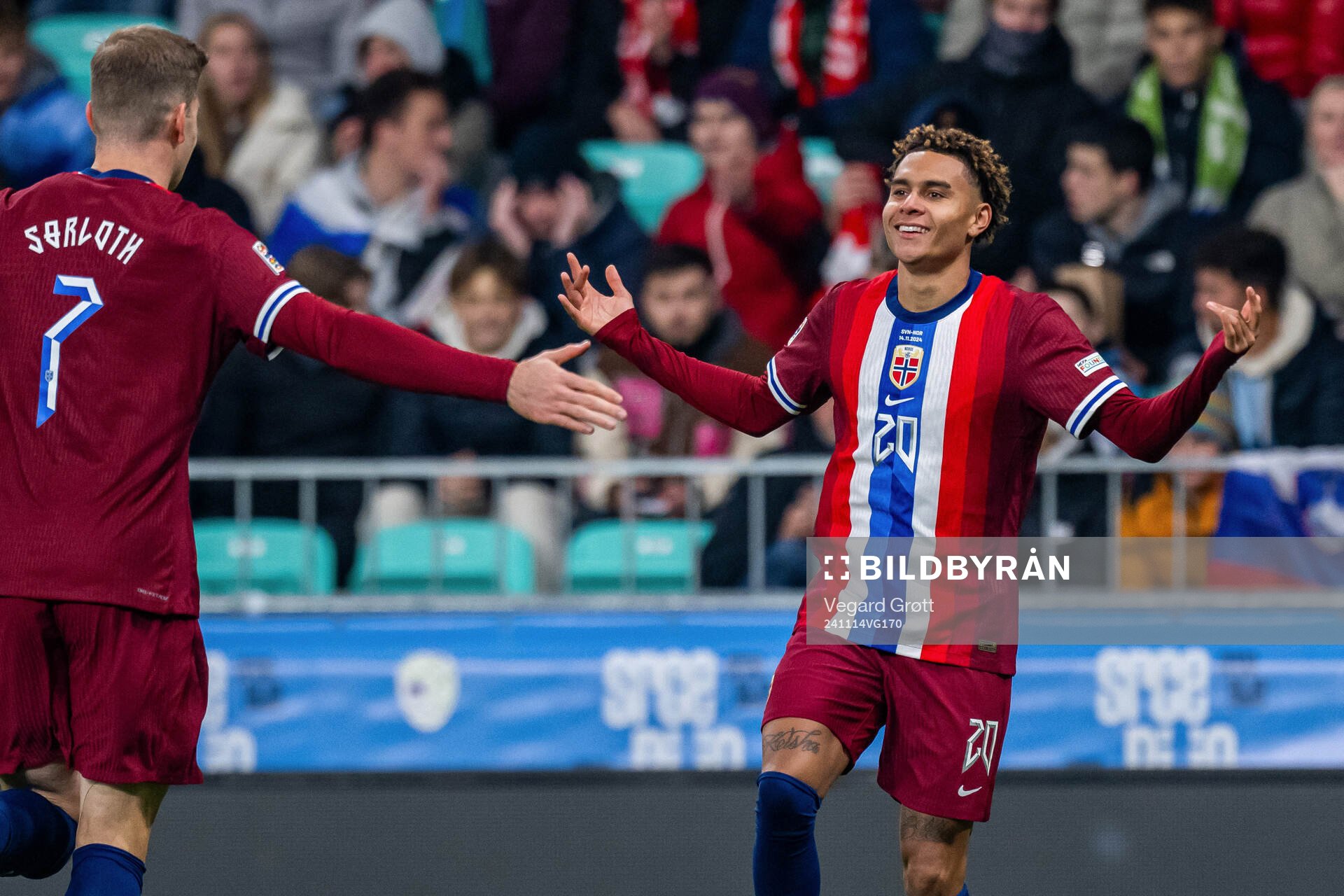 Antonio Nusa of Norway celebrates with teammate Alexander