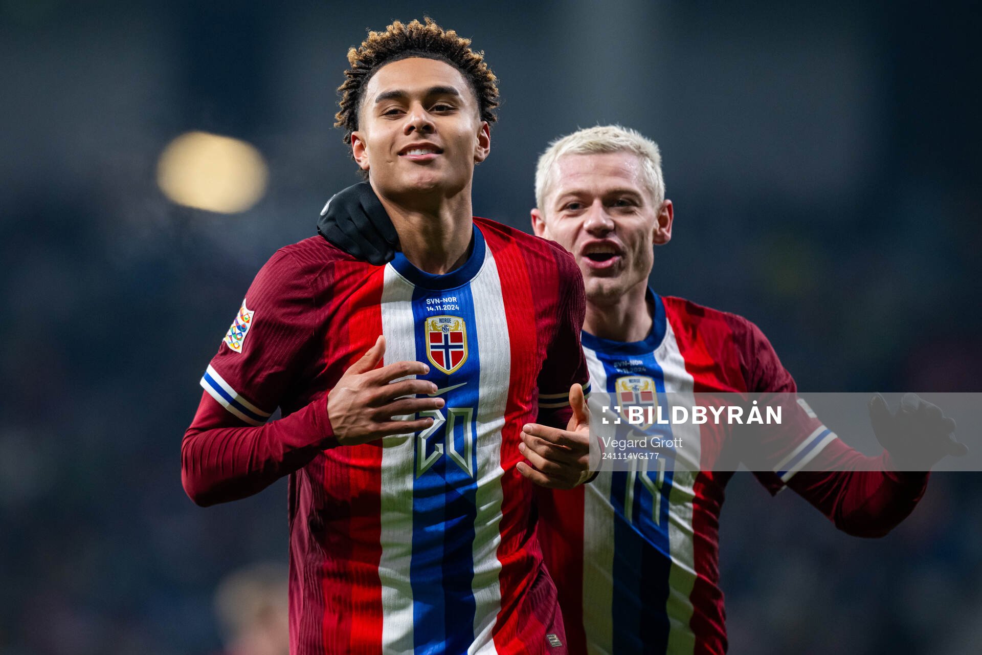 Antonio Nusa of Norway celebrates with teammate Julian