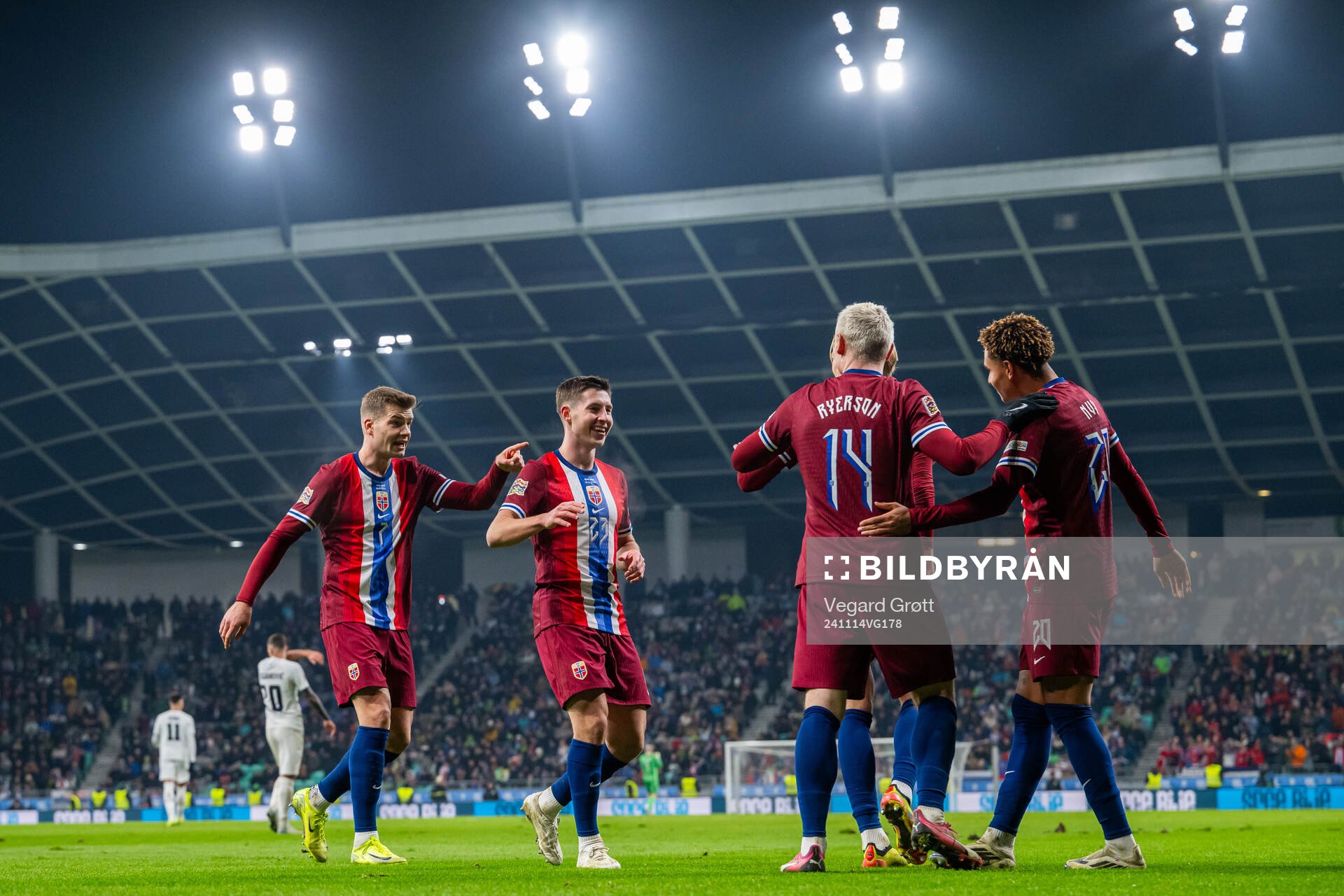Antonio Nusa of Norway celebrates with teammates Alexander