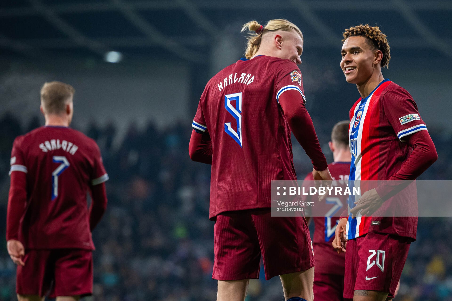 Antonio Nusa of Norway celebrates with teammate Erling