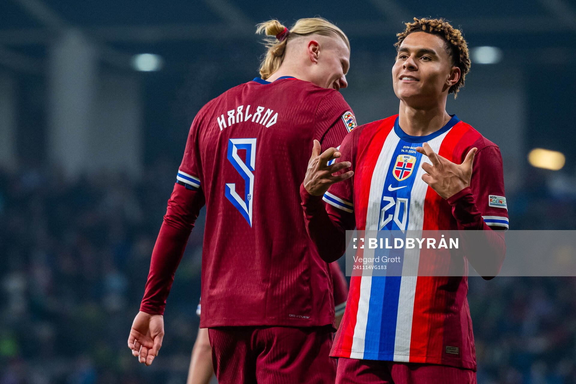 Antonio Nusa of Norway celebrates with teammate Erling