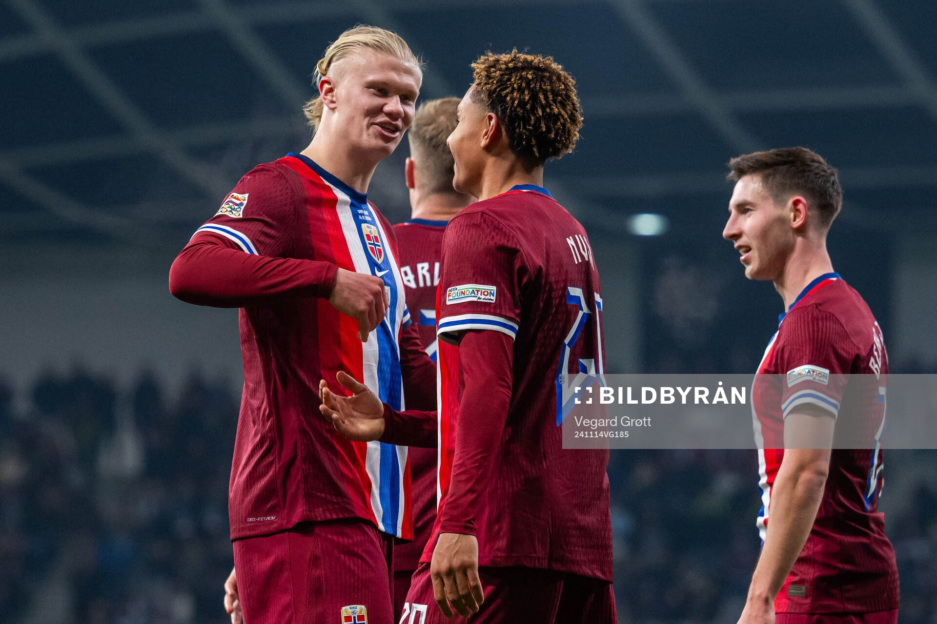 Antonio Nusa of Norway celebrates with teammate Erling