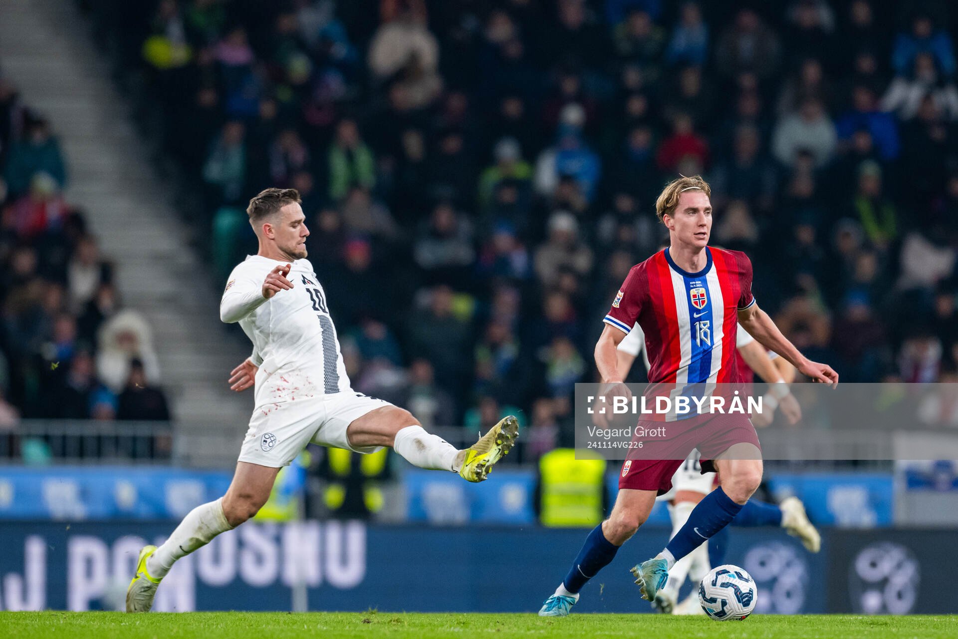 Timi Elsnik of Slovenia and Kristian Thorstvedt of Norway during the Nations League football match between Slovenia and Norway on November 14, 2024 in Ljubljana.