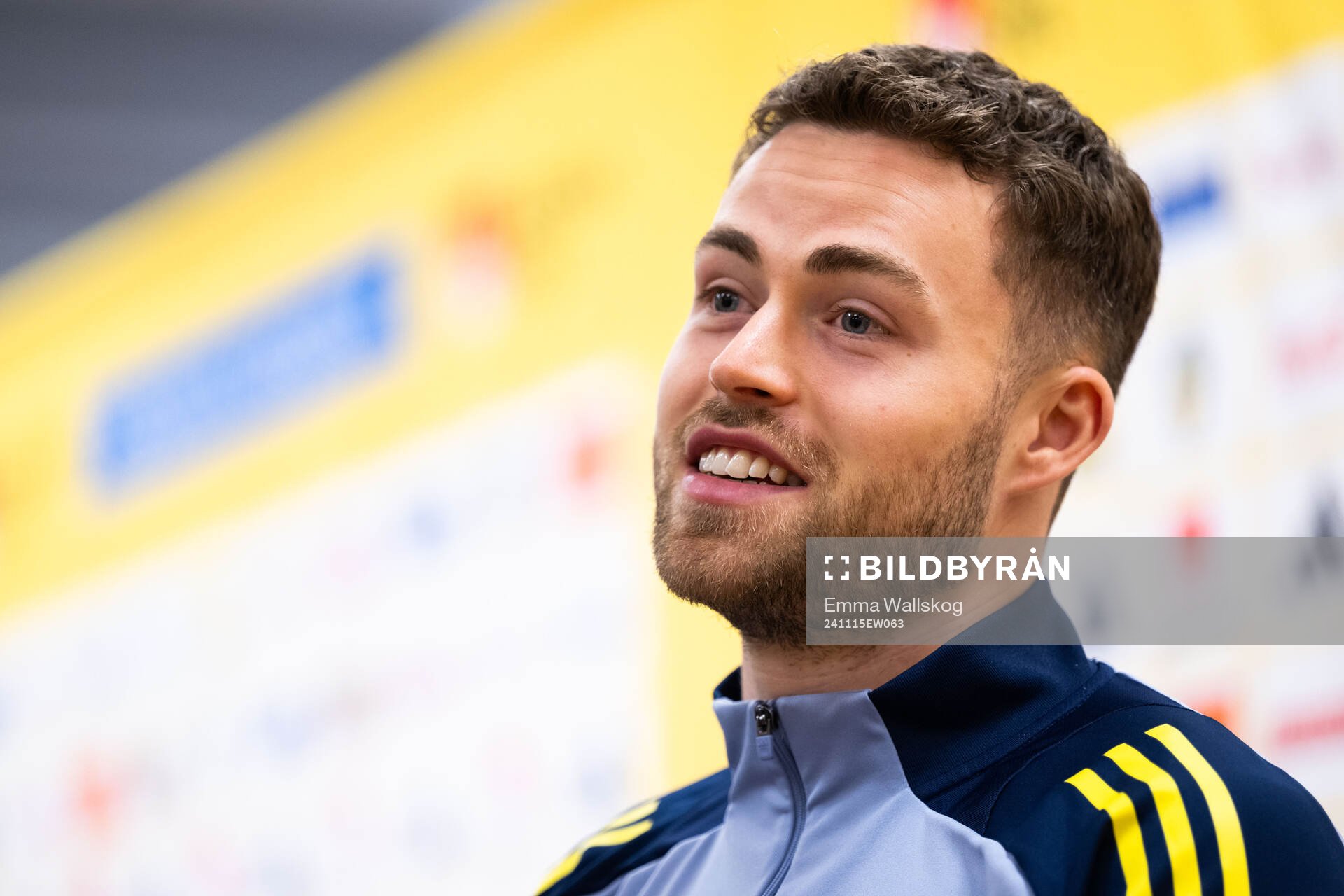 Gabriel Gudmundsson of the Swedish men's national football team in mixed zone on November 15, 2024 in Stockholm. 