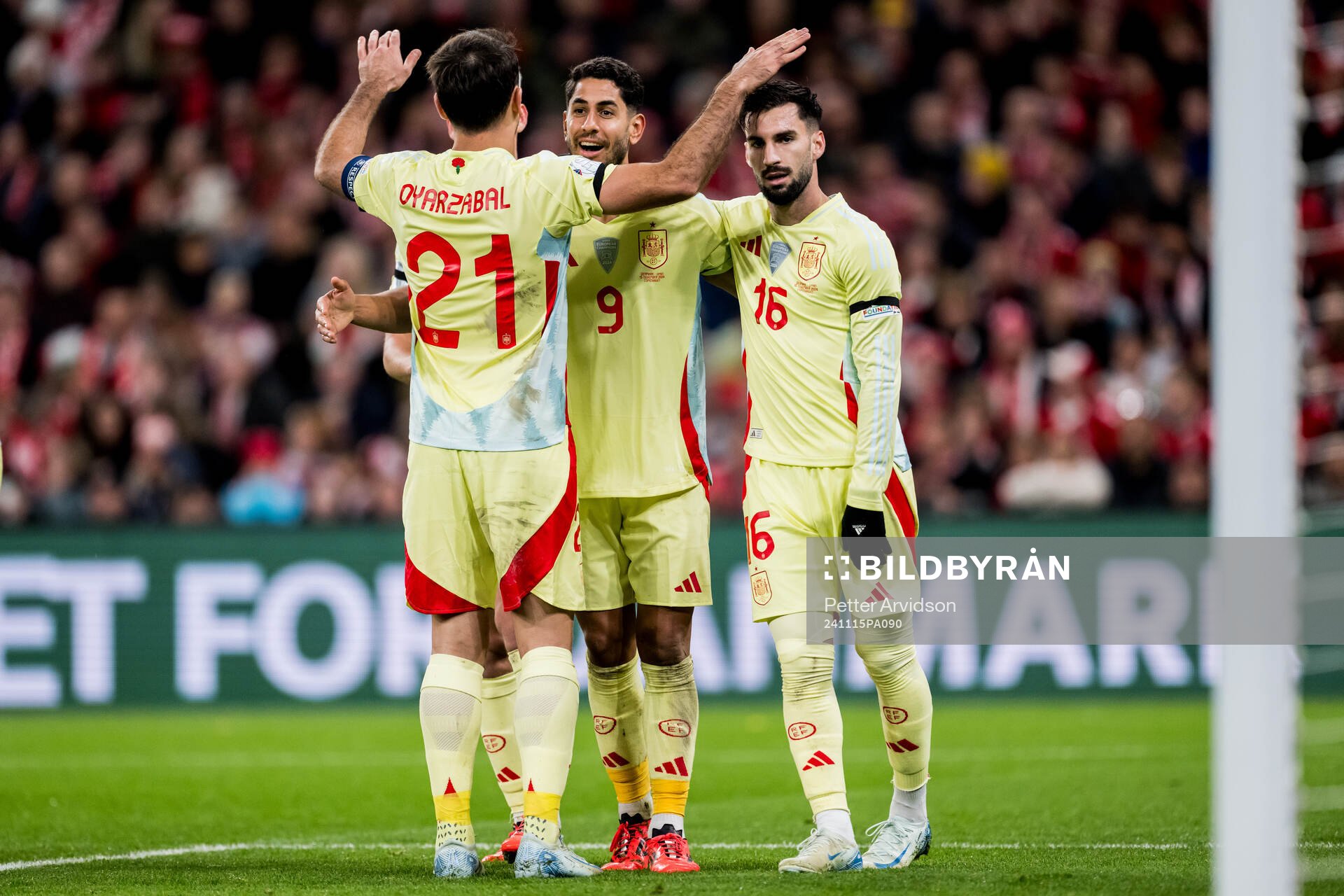Ayoze Perez, Mikel Oyarzabal, and Alex Baena of Spain