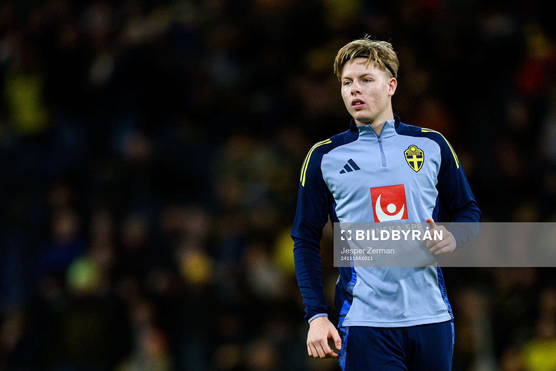  Nils Zetterström of Sweden ahead of the Nations League football match between Sweden and Slovakia on November 16, 2024 in Stockholm. 
