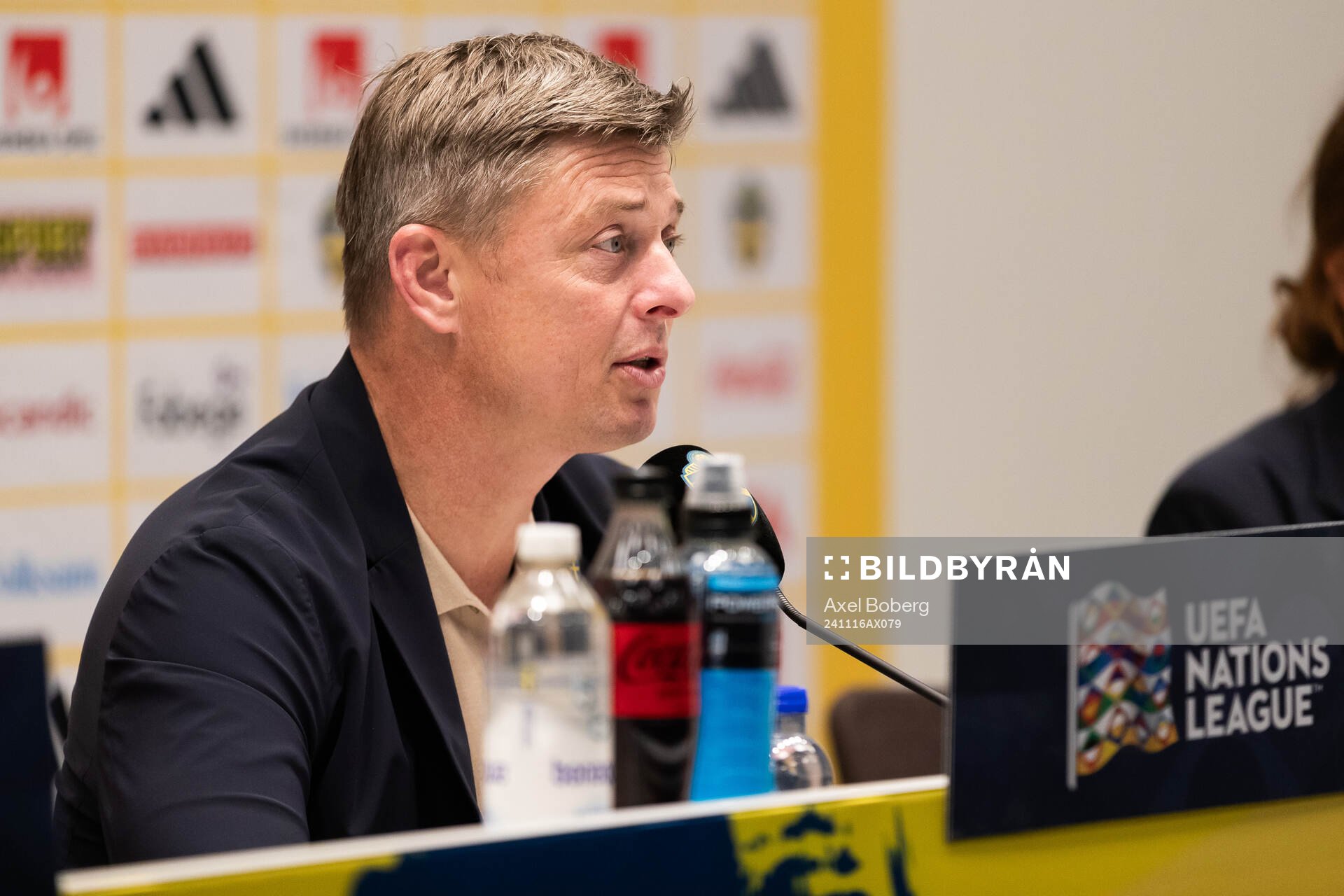 Head coach Jon Dahl Tomasson of Sweden during the press conference after the Nations League football match between Sweden and Slovakia on November 16, 2024 in Stockholm.