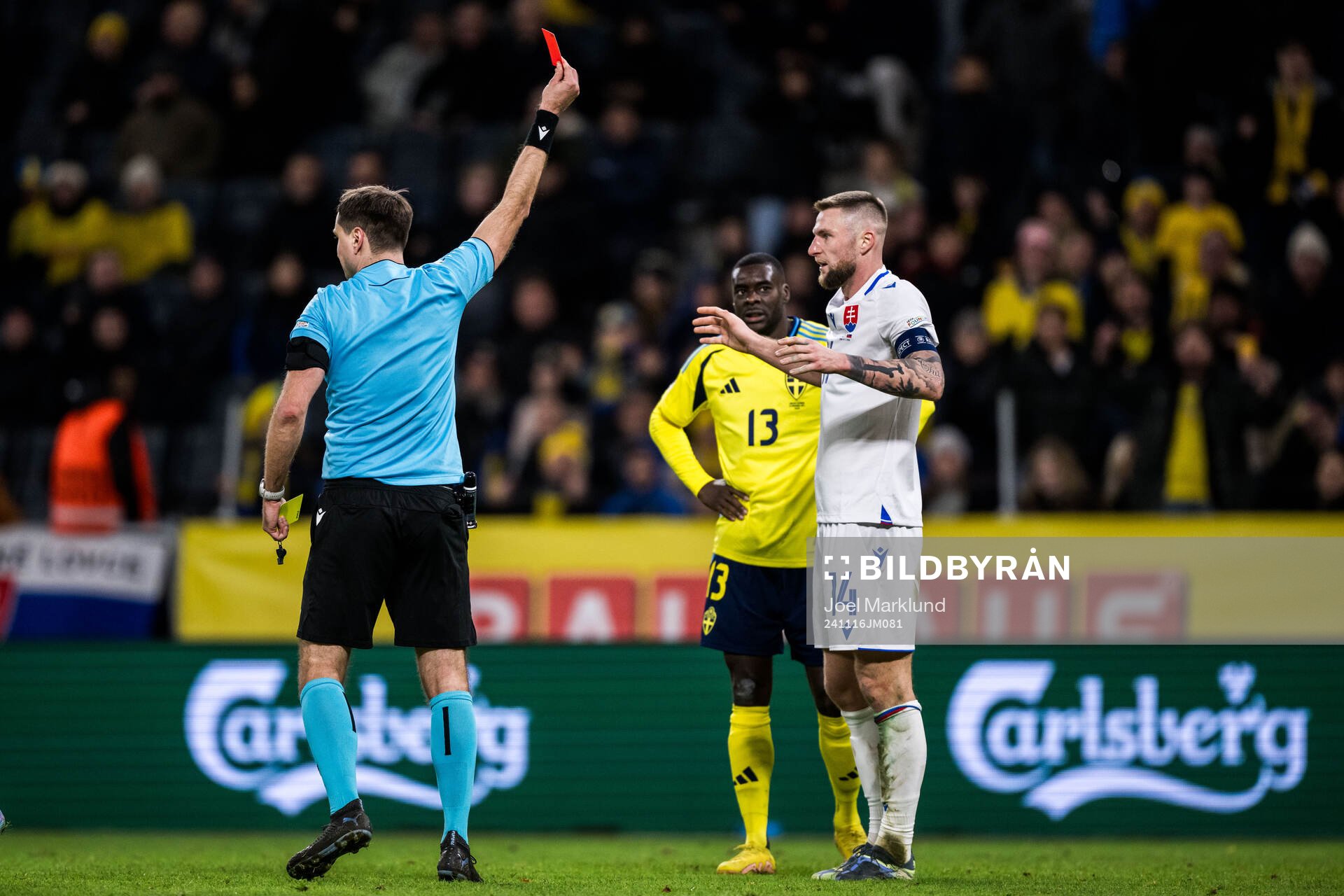 Milan Skriniar of Slovakia receives a red card