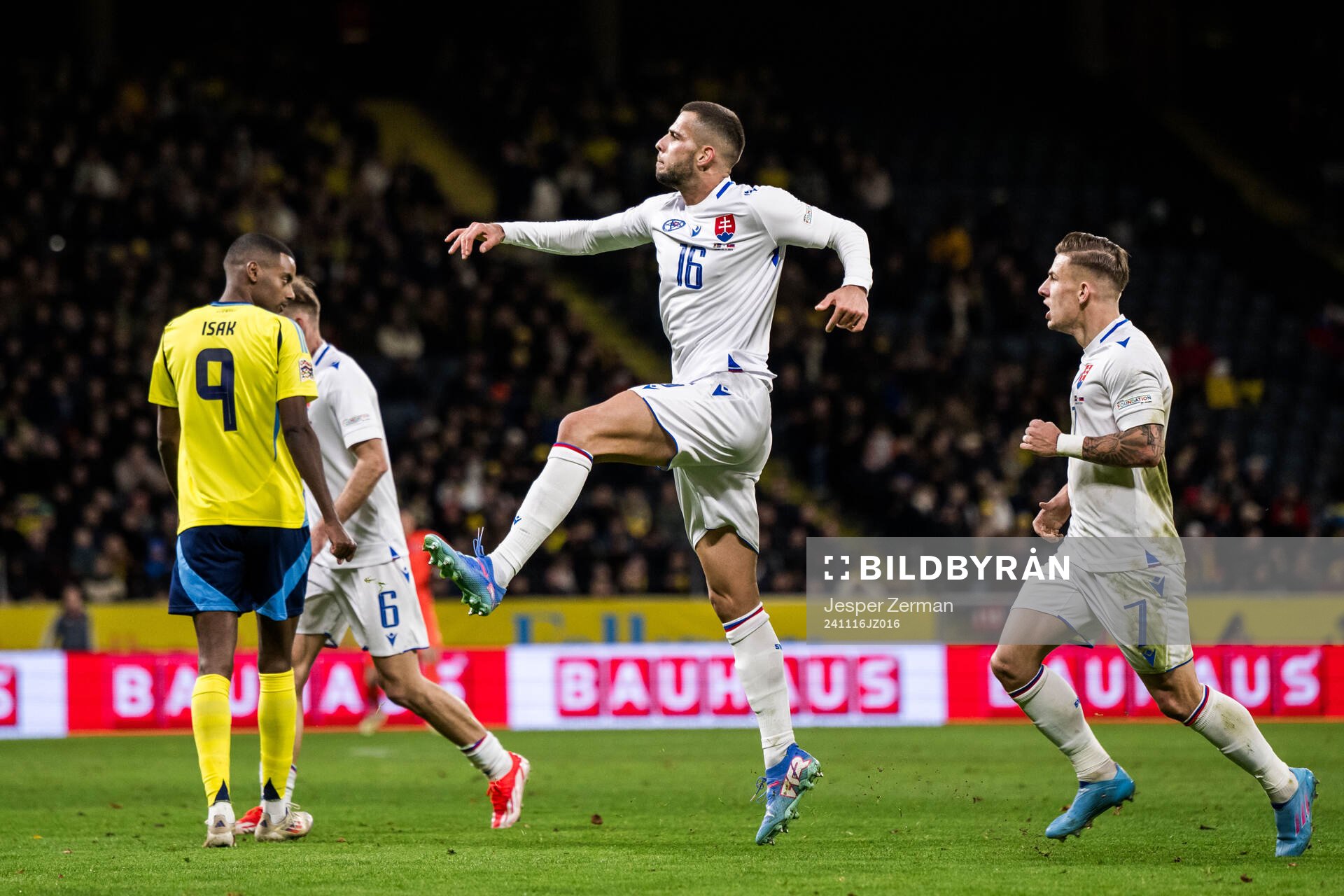 David Hancko of Slovakia celebrates scoring 1-1