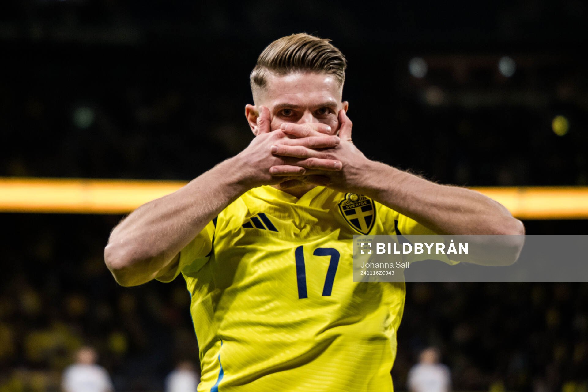 Viktor Gyökeres of Sweden celebrates scoring 1-0