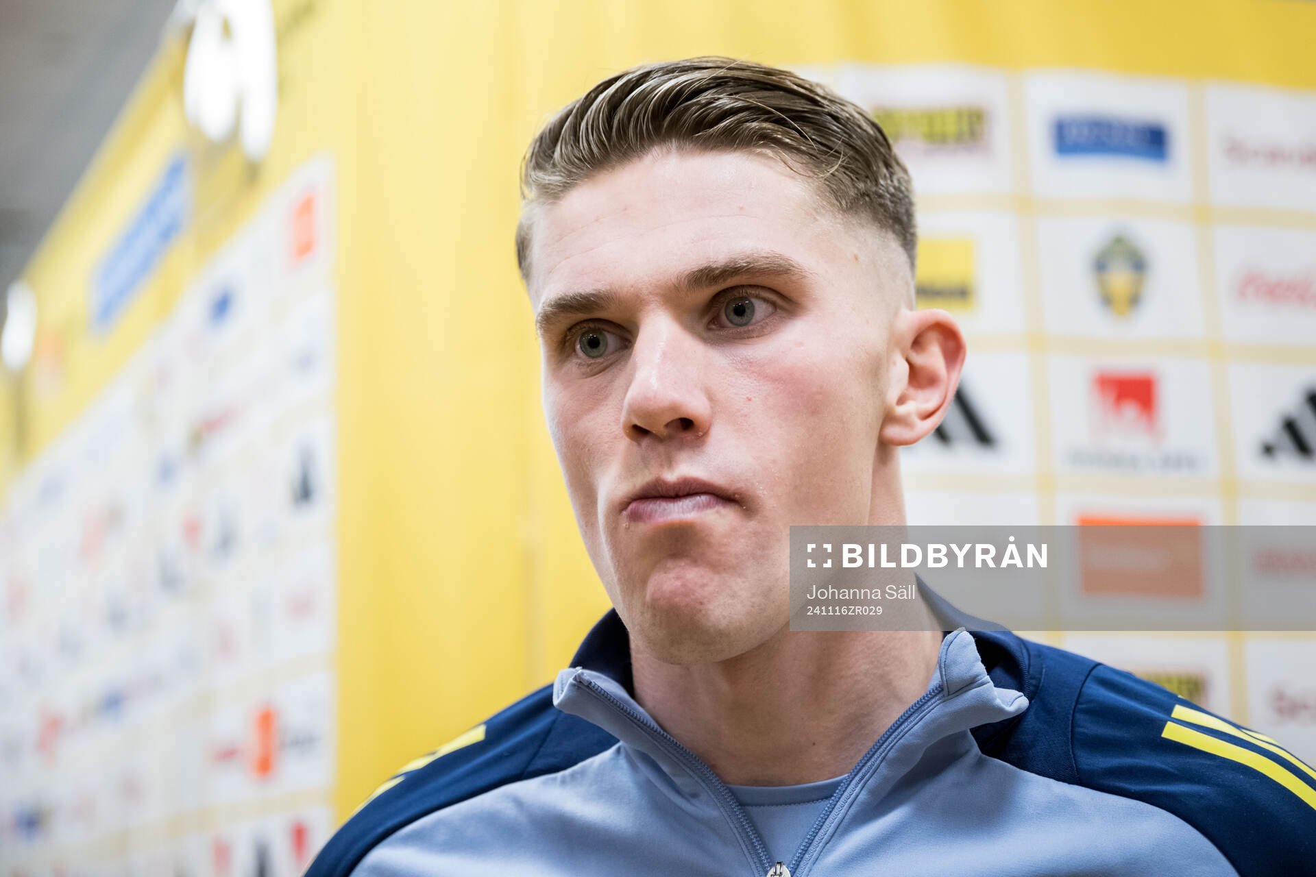 Viktor Gyökeres of Sweden in the mixed zone after the Nations League football match between Sweden and Slovakia on November 16, 2024 in Stockholm.