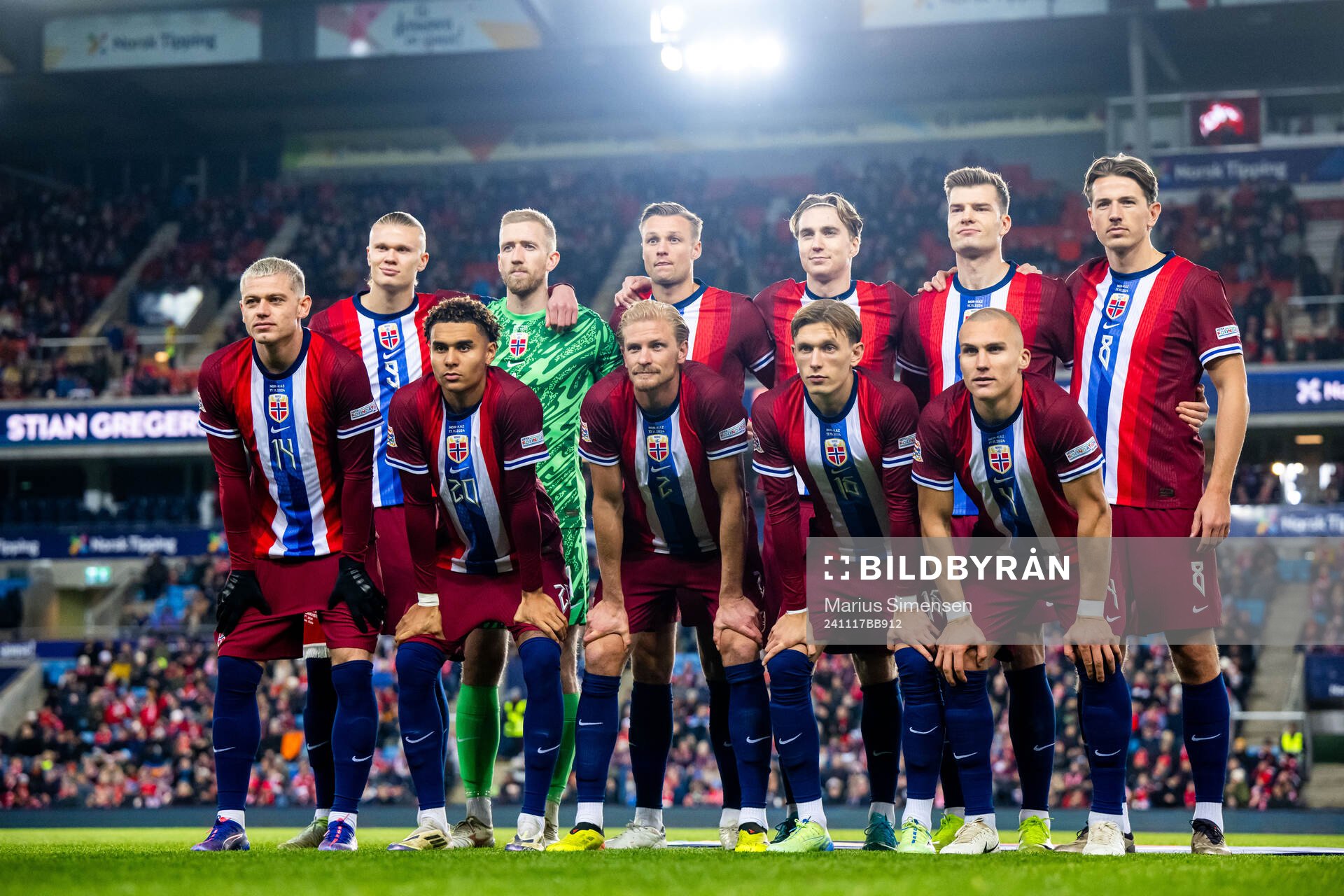 The starting eleven of Norway pose for a team photo ahead of the Nations League football match between Norway and Kazakhstan on November 17, 2024 in Oslo. Players in picture: Erling Braut Haaland, goalkeeper Egil Selvik, Stian Gregersen, Marcus Holmgren Pedersen, Stian Gregersen, Leo Østigård, Julian Ryerson, Kristian Thorstvedt, Sander Berge, Morten Thorsby, Antonio Nusa and Alexander Sørloth.