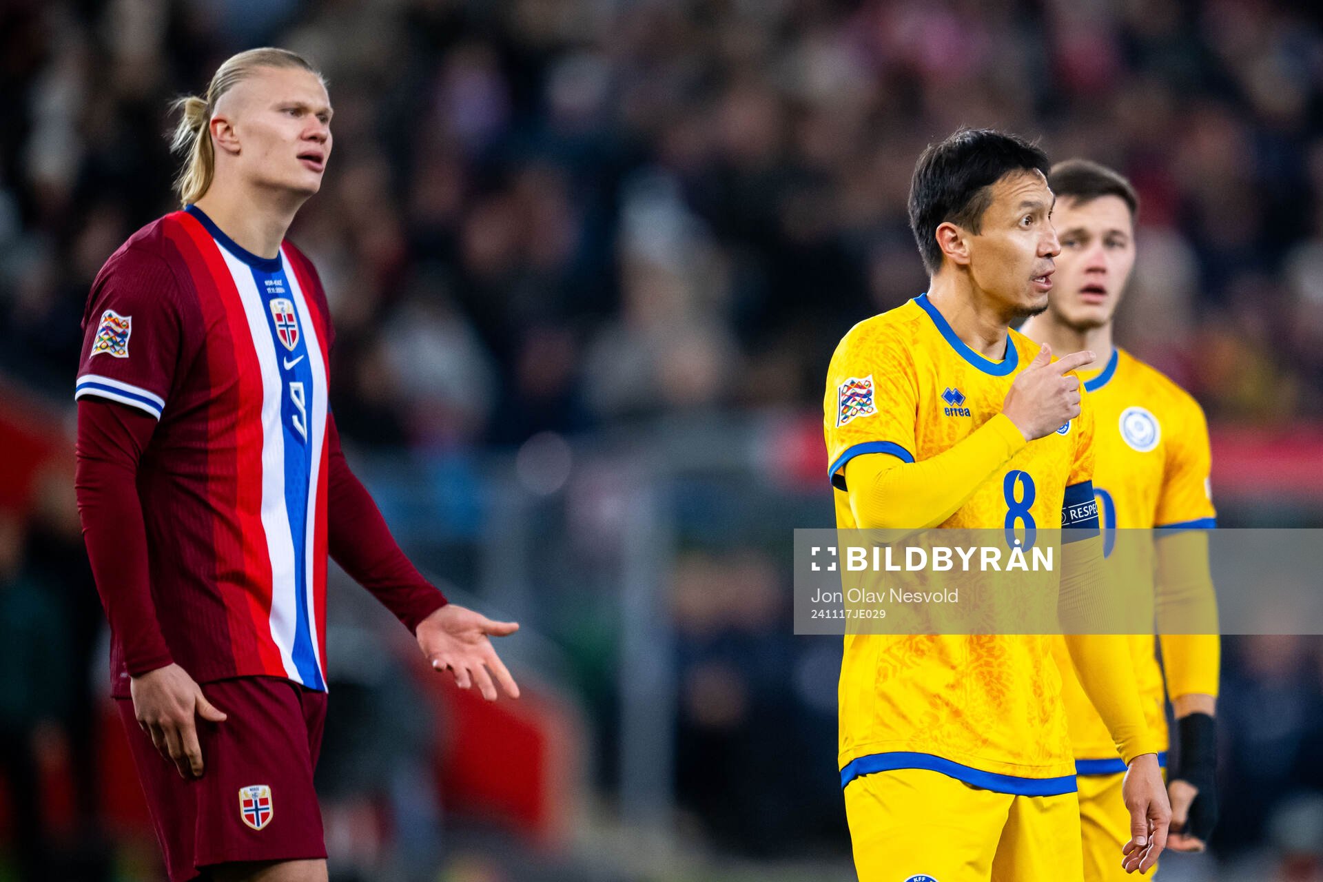 Erling Braut Haaland of Norway and Askhat Tagybergen of