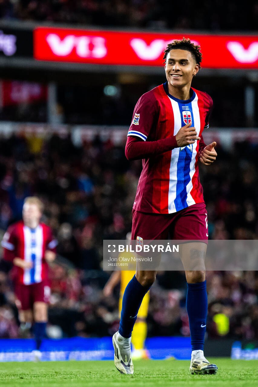 Antonio Nusa of Norway celebrates scoring 5-0
