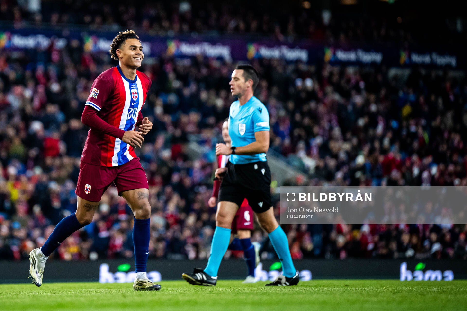 Antonio Nusa of Norway celebrates scoring 5-0
