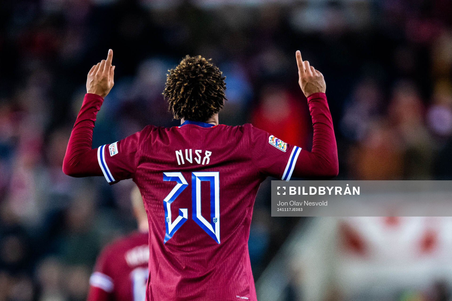 Antonio Nusa of Norway celebrates scoring 5-0 during the Nations League football match between Norway and Kazakhstan on November 17, 2024 in Oslo.