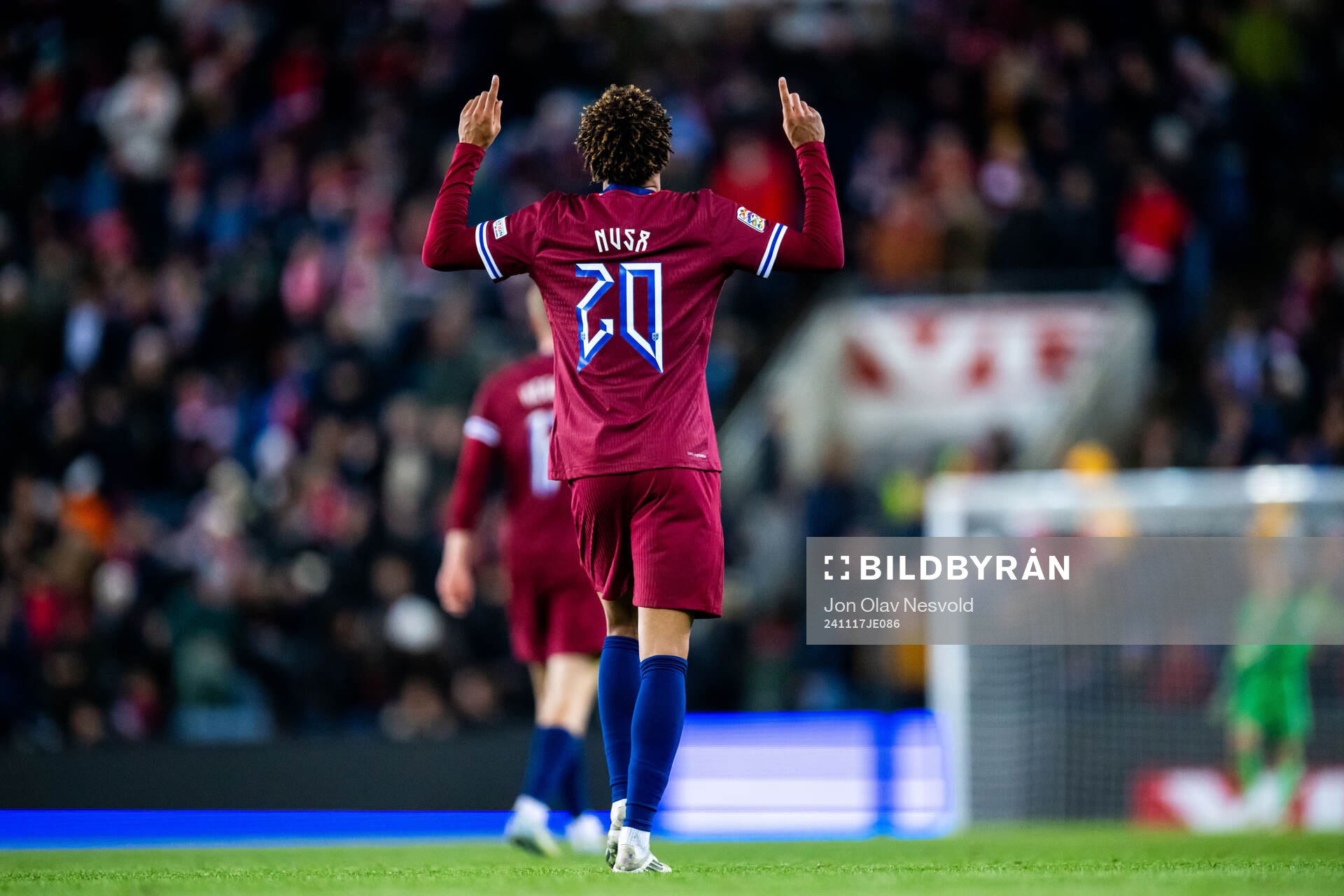 Antonio Nusa of Norway celebrates scoring 5-0 during the Nations League football match between Norway and Kazakhstan on November 17, 2024 in Oslo.