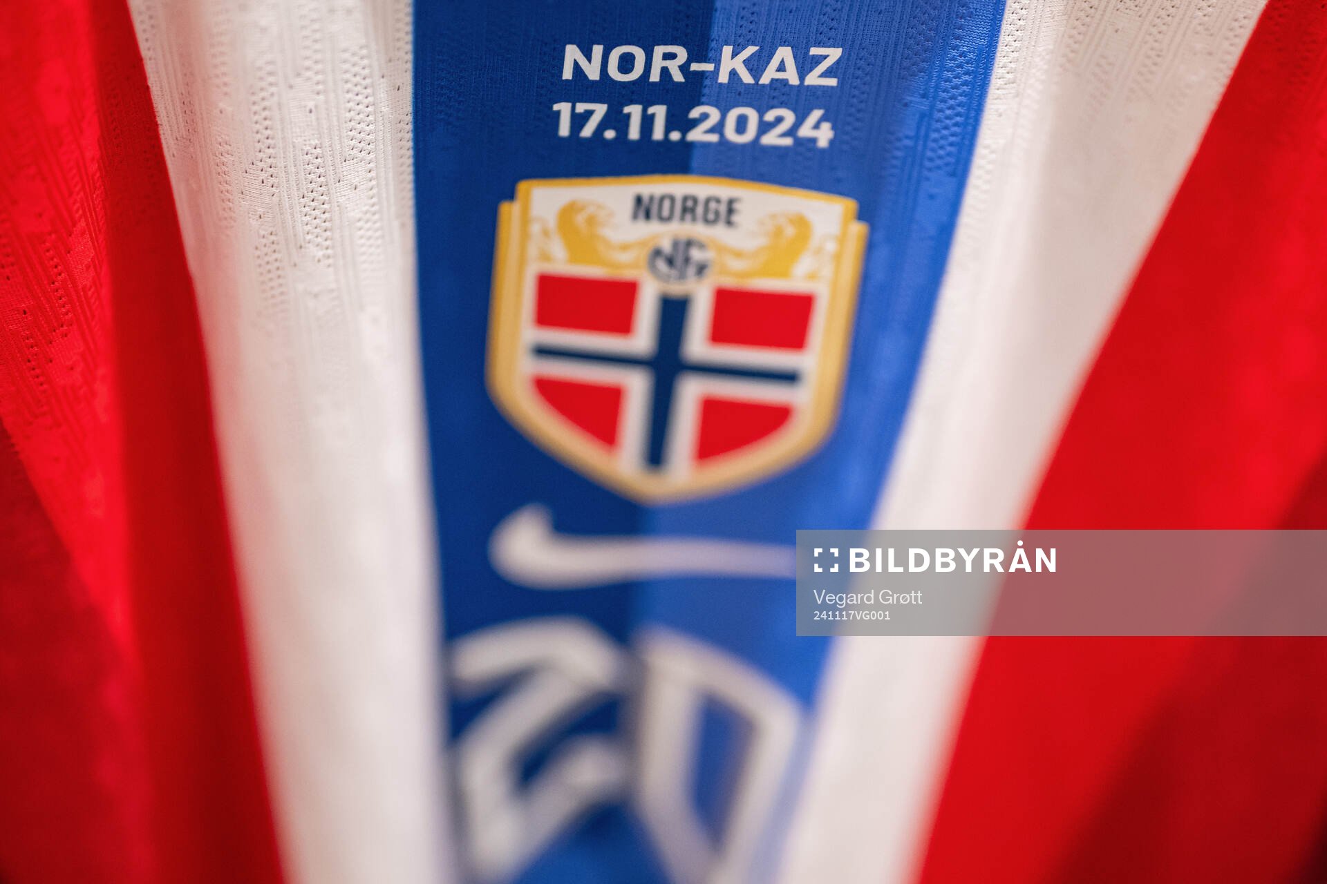 The crest on the home kit of Norway in the dressing room ahead of the Nations League football match between Norway and Kazakhstan on November 17, 2024 in Oslo.