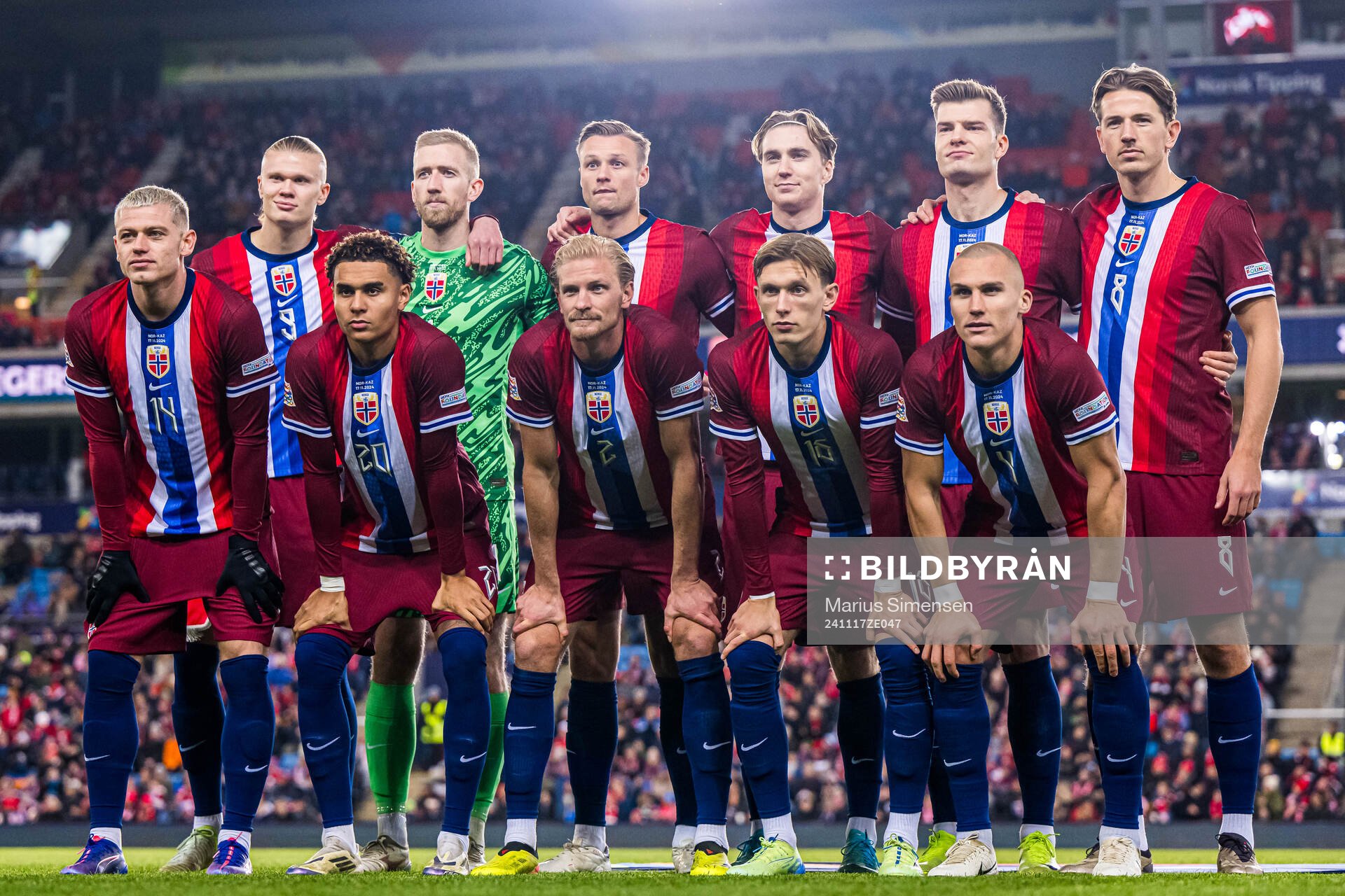 The starting eleven of Norway, from the top left; Erling