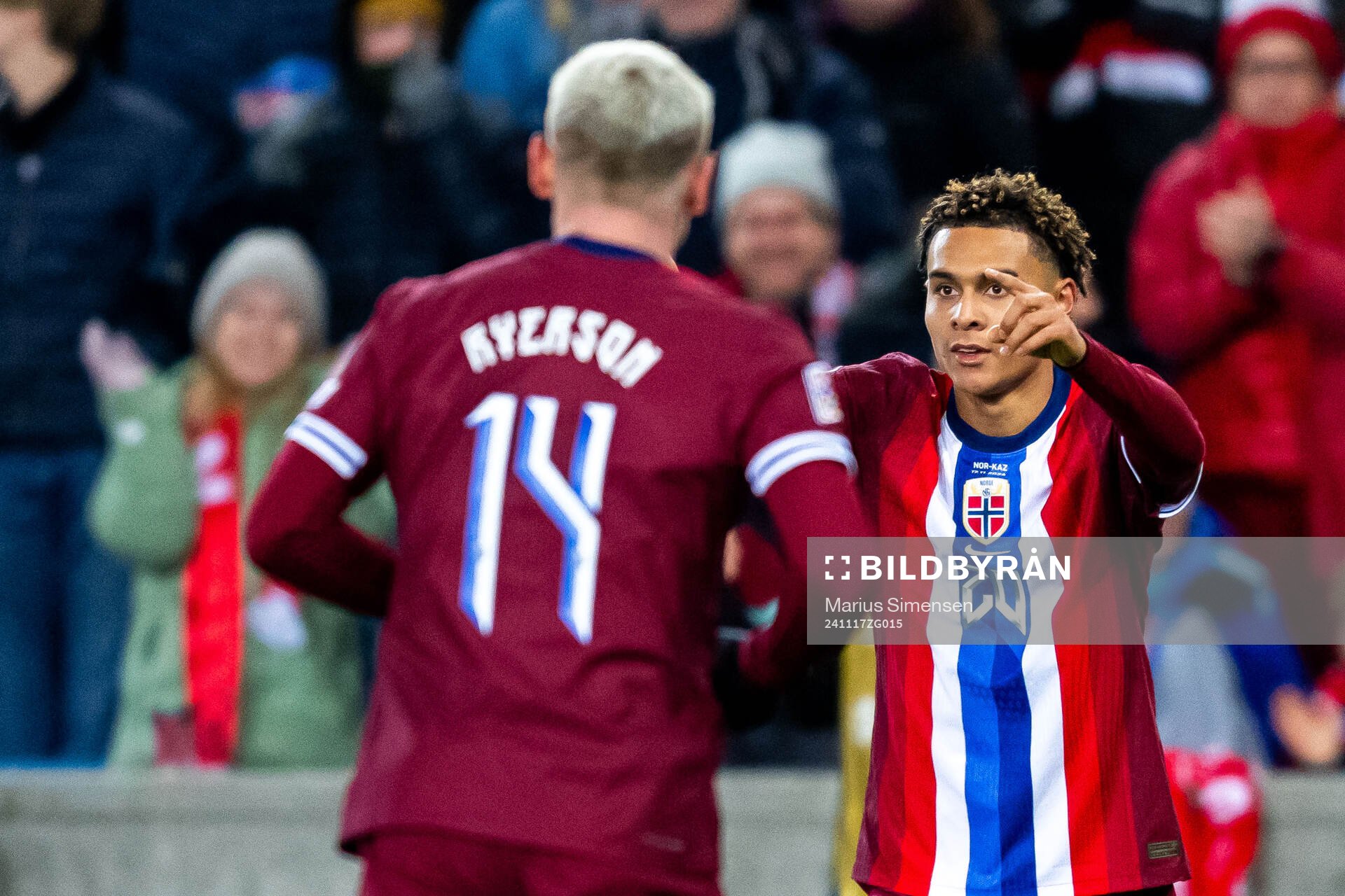 Antonio Nusa of Norway celebrates scoring 5-0 during the Nations League football match between Norway and Kazakhstan on November 17, 2024 in Oslo.