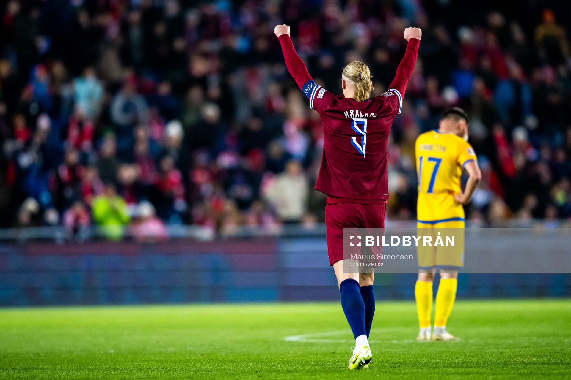 Erling Braut Haaland of Norway celebrates scoring 2-0 during the Nations League football match between Norway and Kazakhstan on November 17, 2024 in Oslo.
