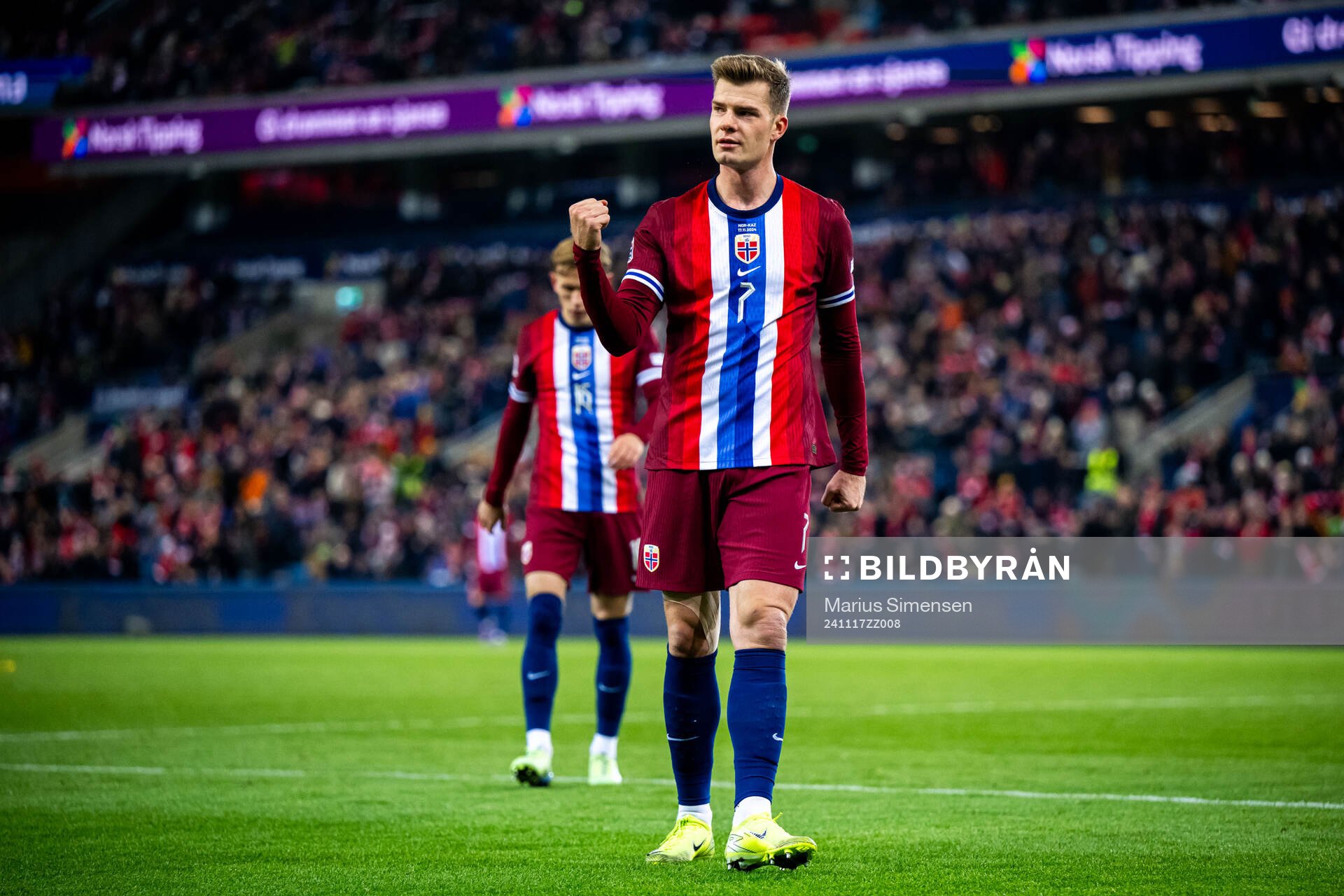 Alexander Sørloth of Norway celebrates scoring 3-0