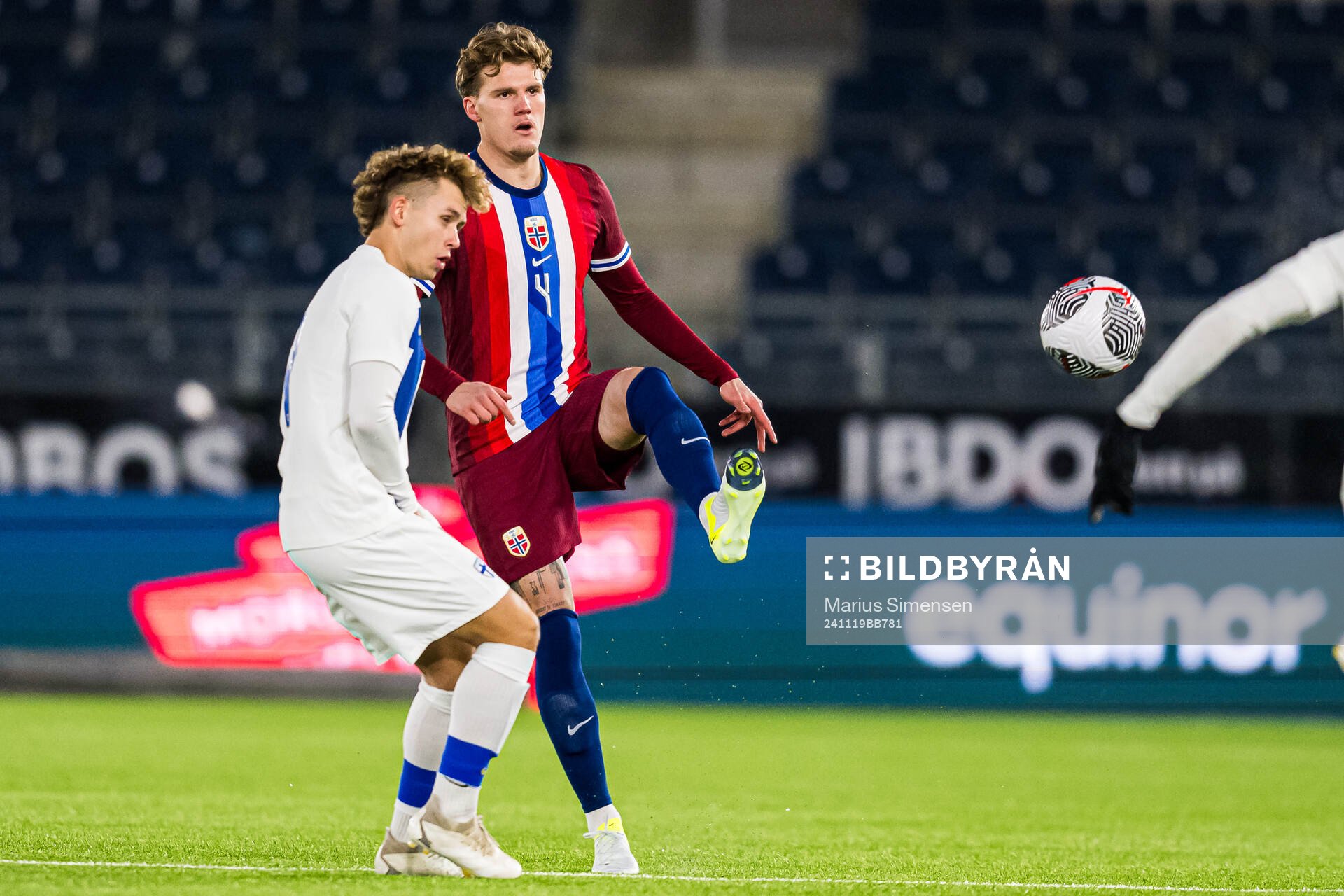 Leo Fuhr Hjelde of Norway during the UEFA European Under-21 Qualifier playoff football match between Norway and Finland on November 19, 2024 in Stavanger.