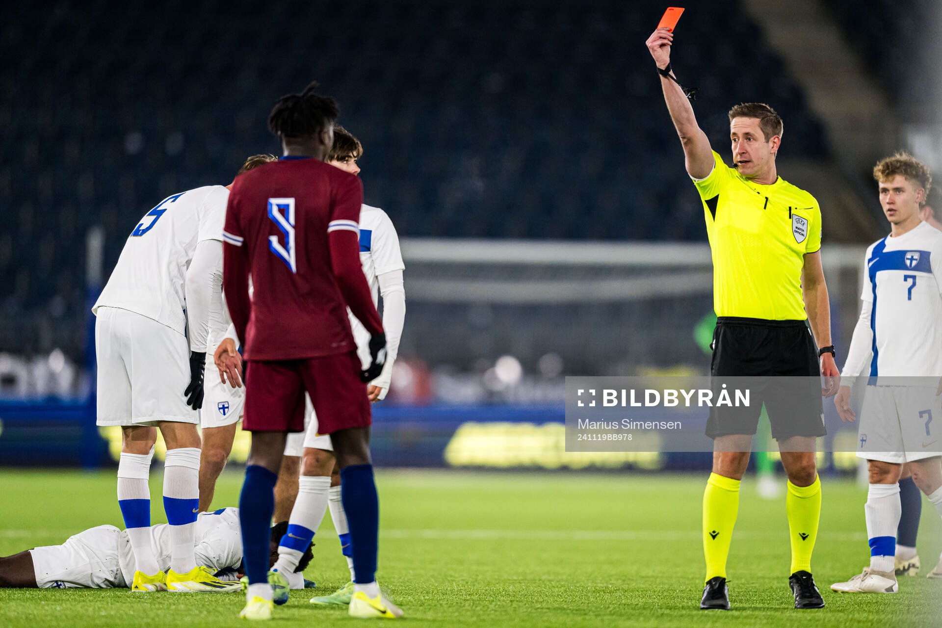 Seedyahmed Tijan Jatta of Norway after receiving a red card during the UEFA European Under-21 Qualifier playoff football match between Norway and Finland on November 19, 2024 in Stavanger.