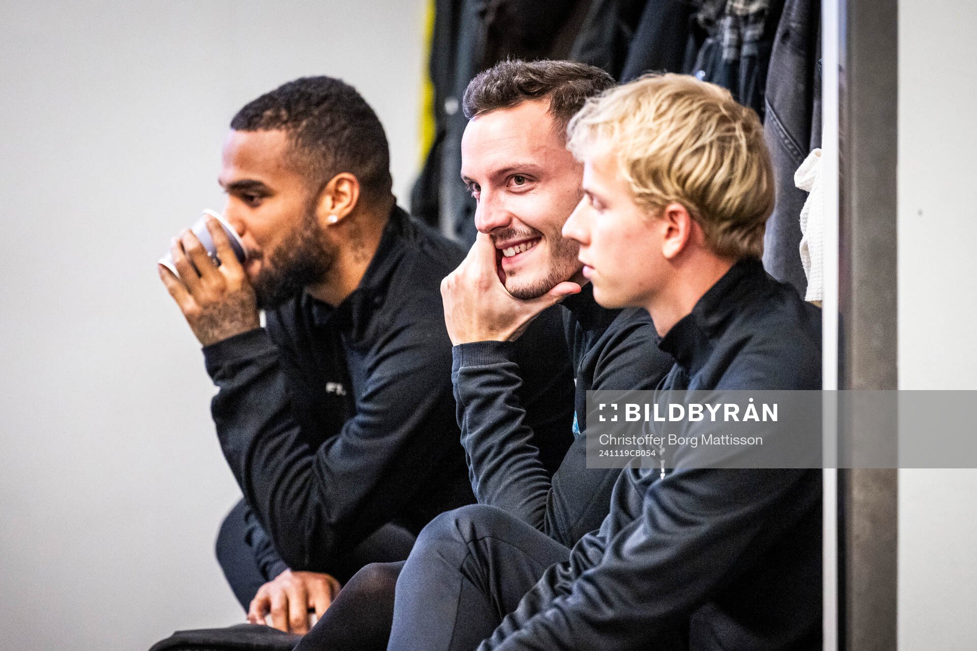 Målvakt Lamin Sarr, Viktor Ekblom och Jakob Andersson under en fotografering med Lunds BK den 19 november 2024 i Lund.