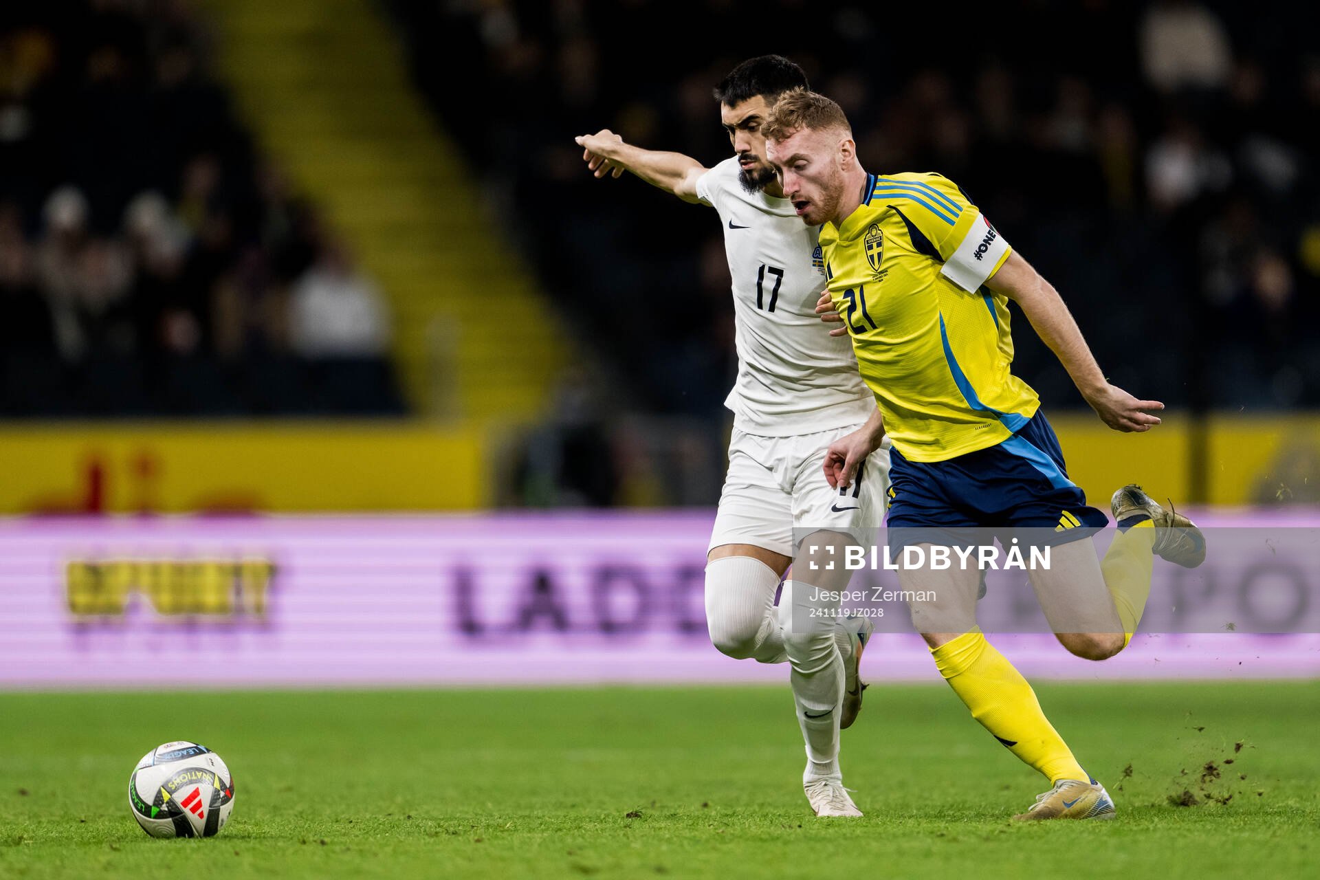 Turan Manafov of Azerbaijan and Dejan Kulusevski of Sweden during the Nations League football match between Sweden and Azerbaijan on November 19, 2024 in Stockholm.