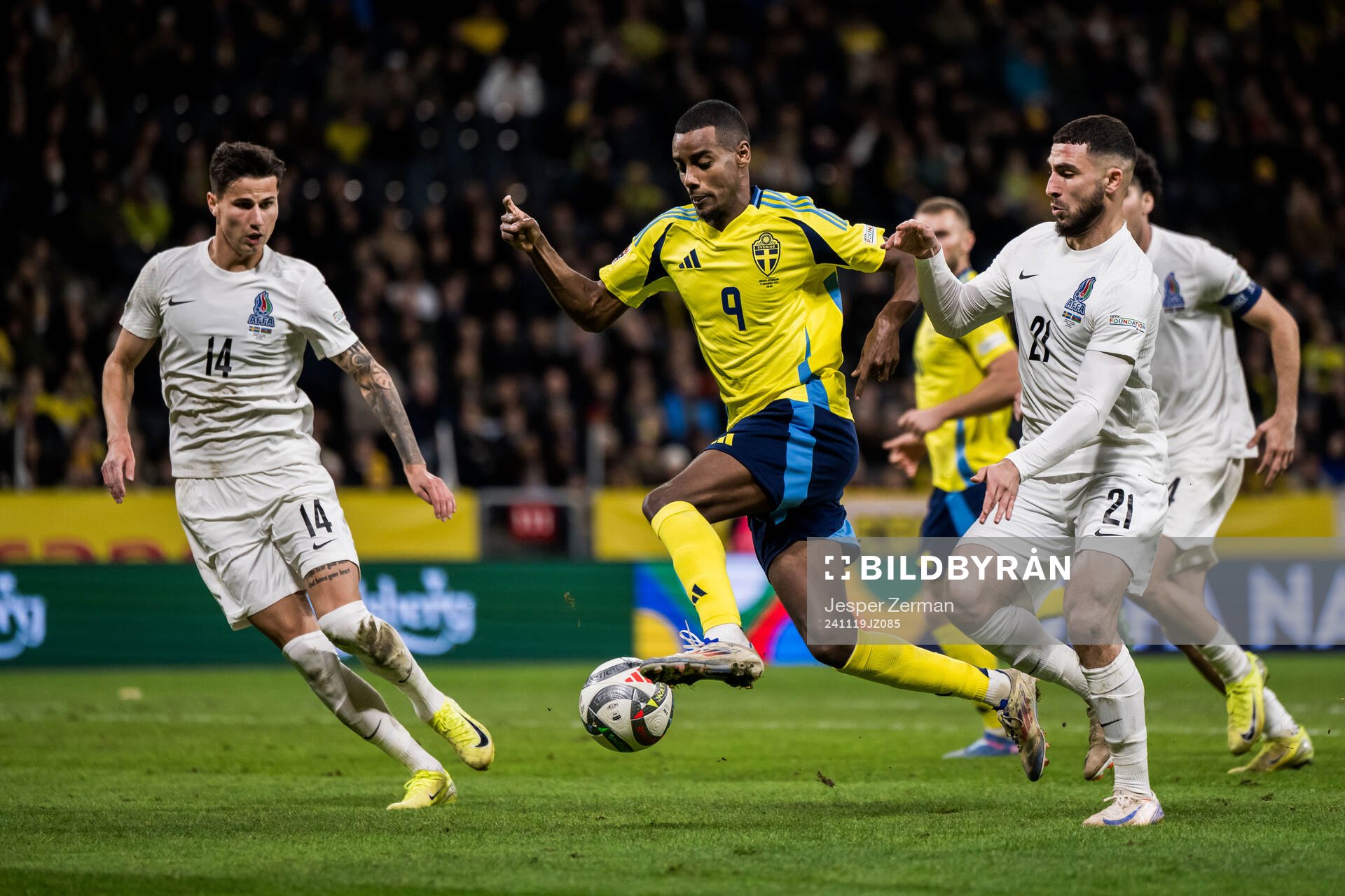 Alexander Isak of Sweden against Mahir Emreli and Elvin