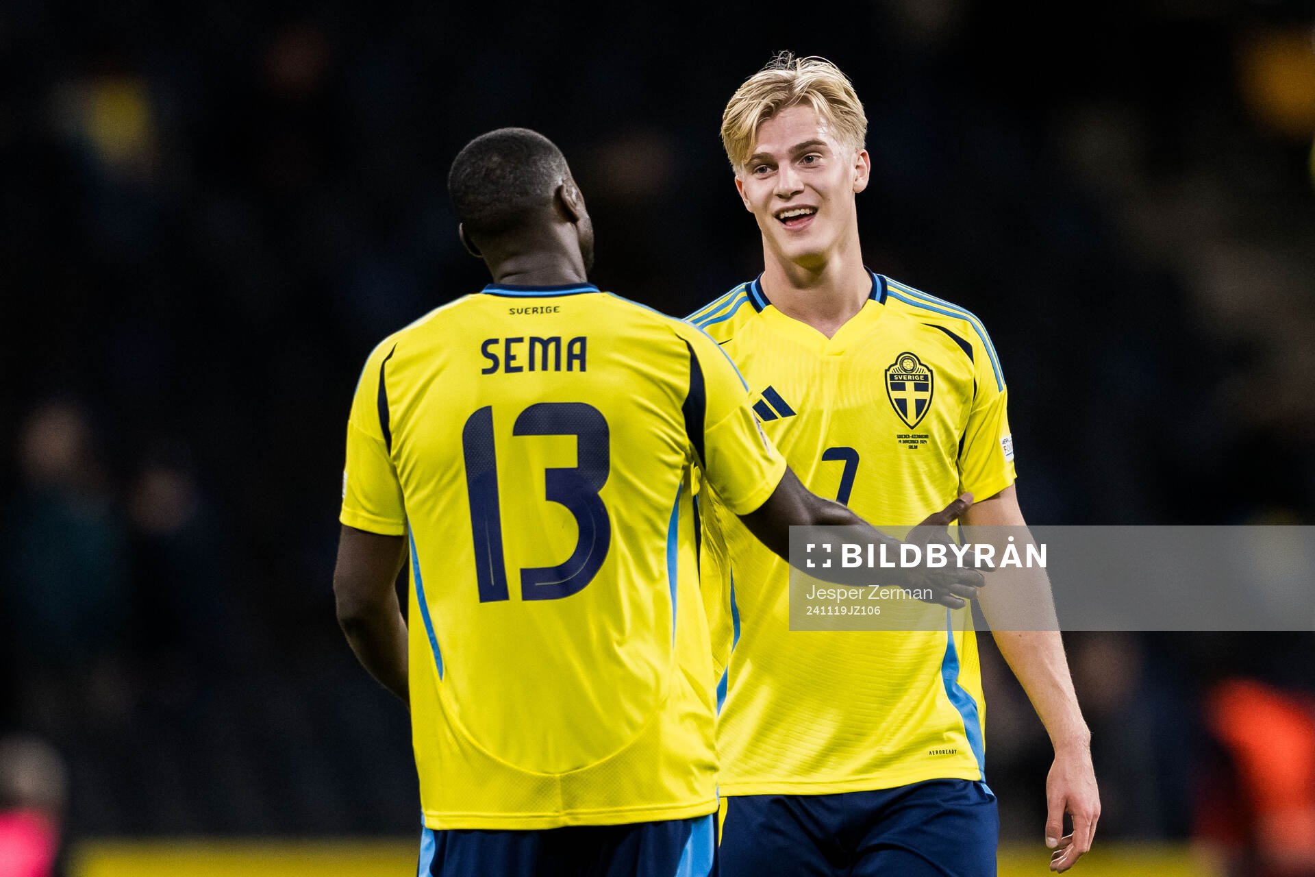 Ken Sema and Lucas Bergvall of Sweden celebrate